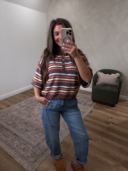 Rust & Retro Striped Henley Knit Top - brown multi