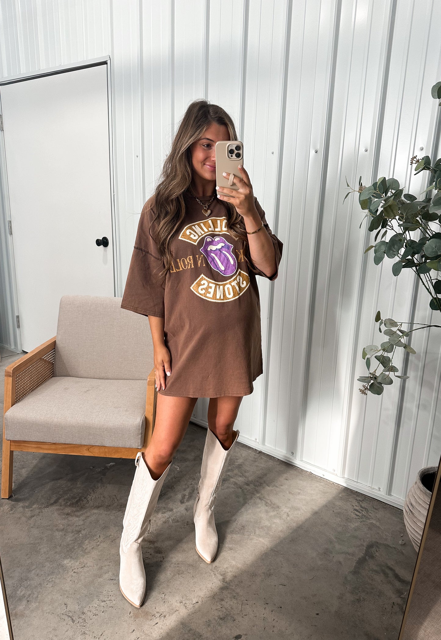 Licensed Rolling Stones Graphic Print Dress- Brown
