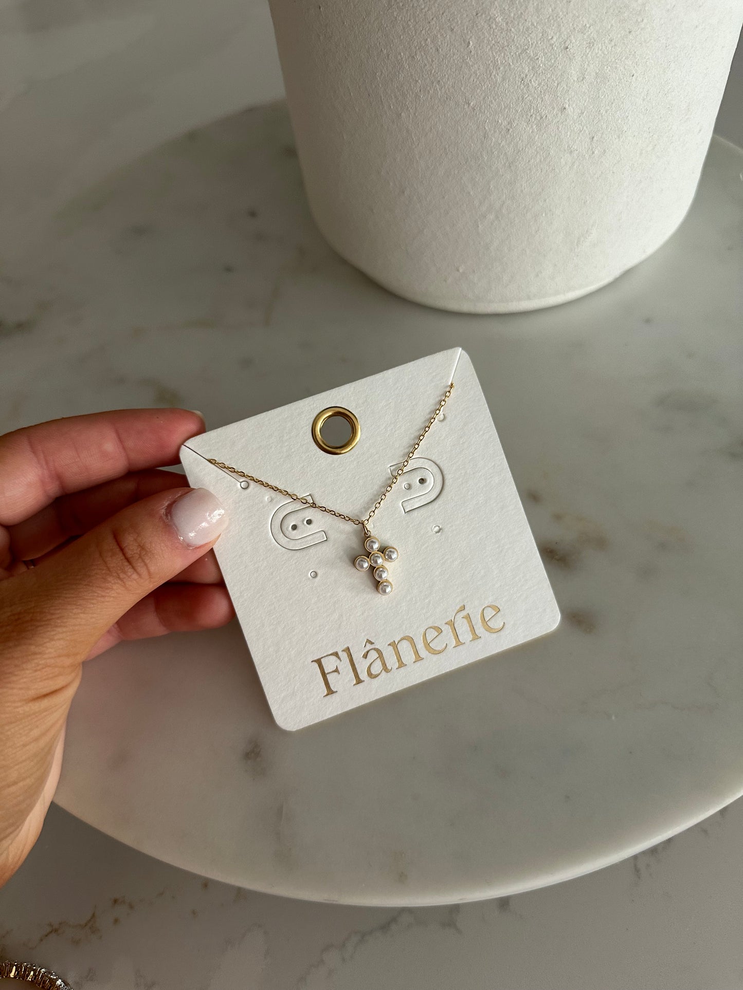 Non-Tarnish Dainty Pearl Cross Necklace