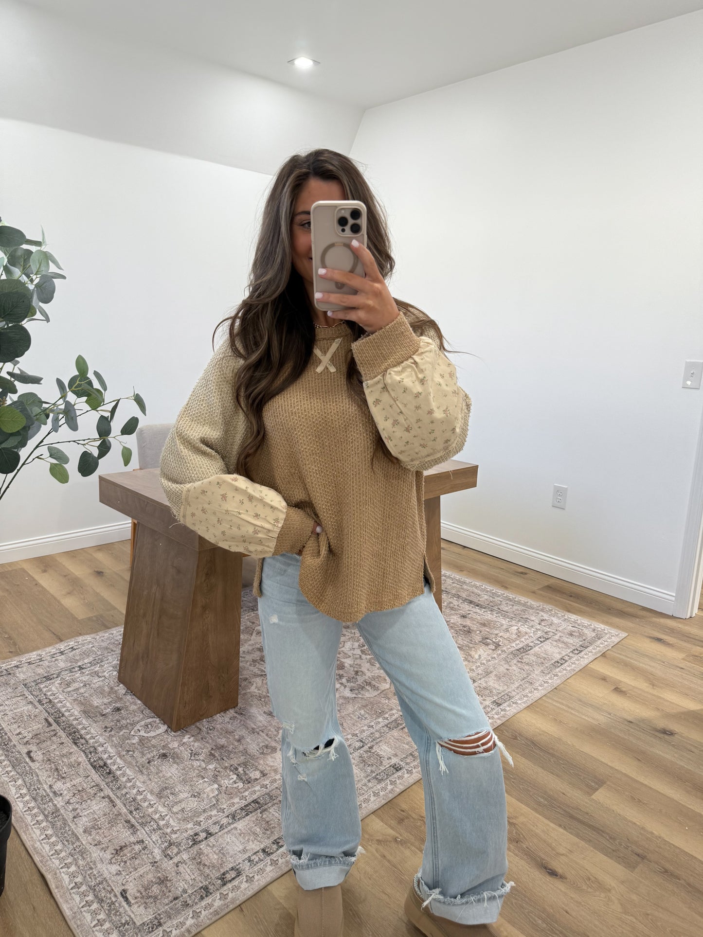 Mocha floral Color Block Casual Textured Knit Top