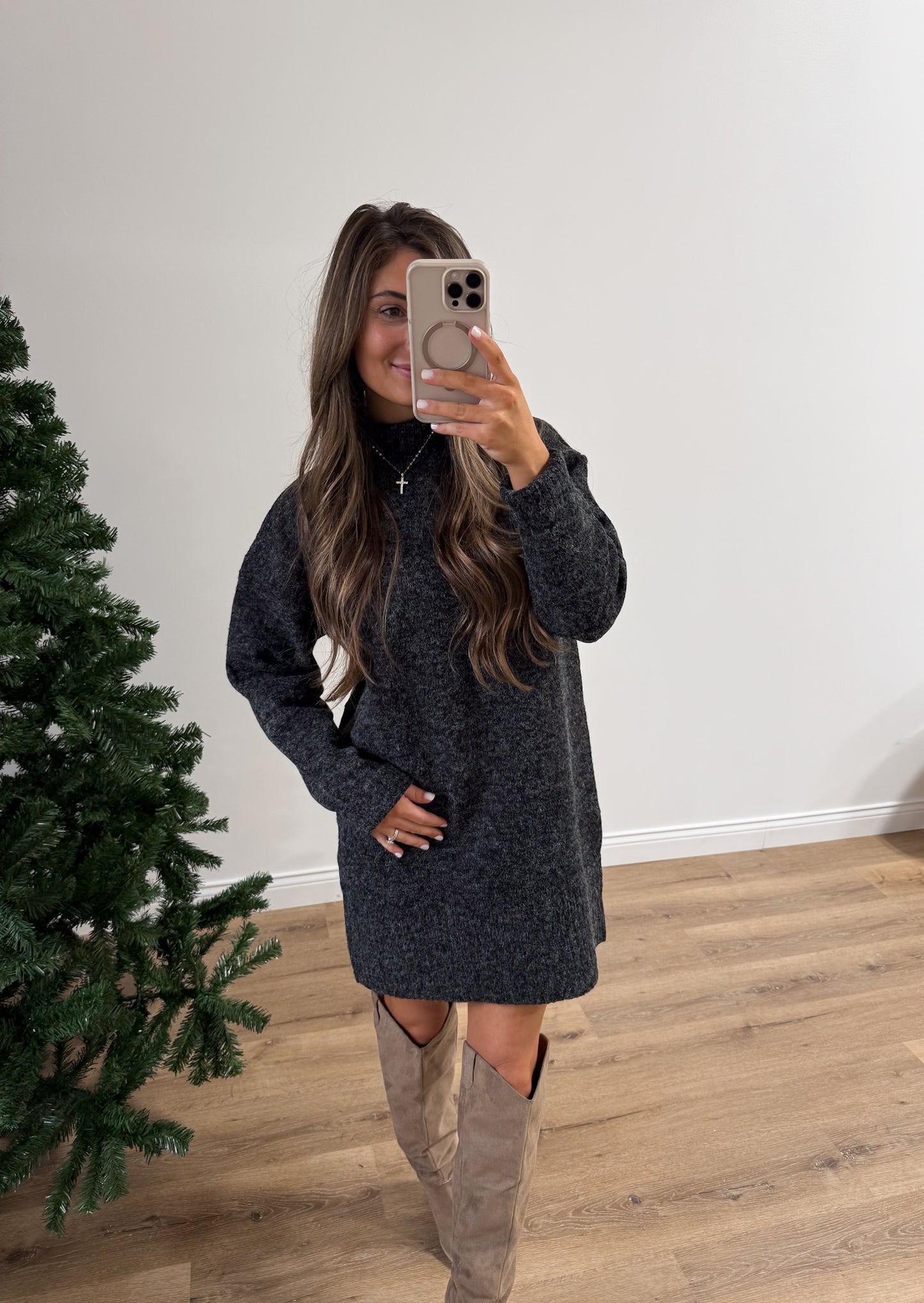 High Neck Sweater Mini Dress- Heather Black