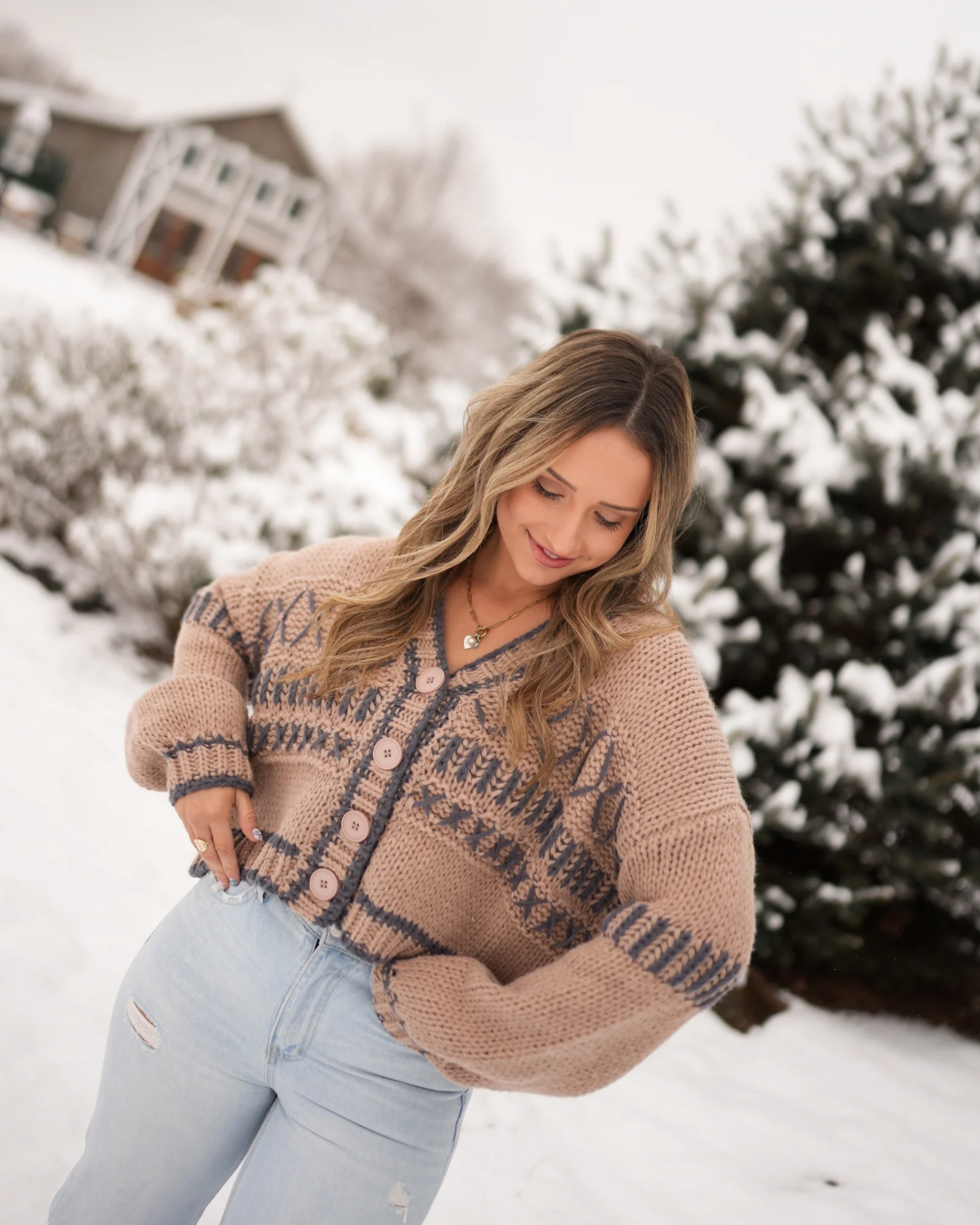 Hot Cocoa Knit Pullover- Taupe/navy