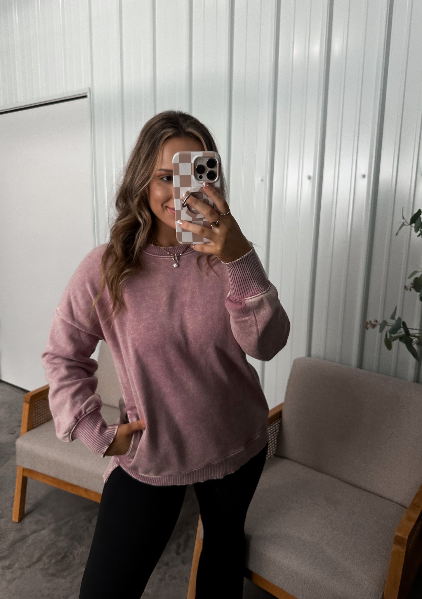 Lexie High Low Pullover with Pockets - mineral wash plum