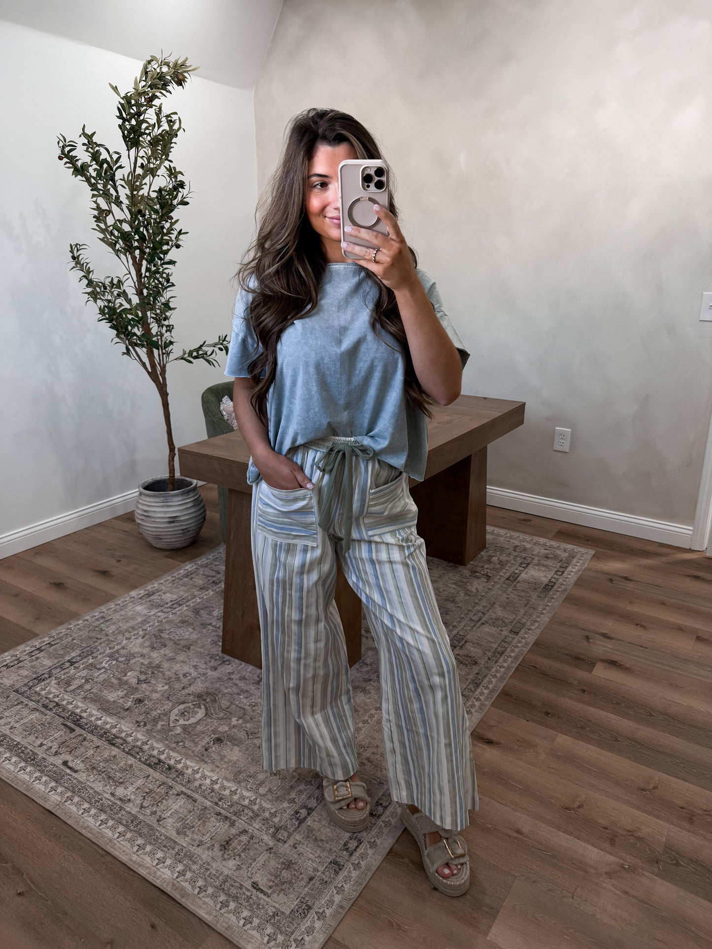 The Blue Willow Striped Pants - dried sage multi