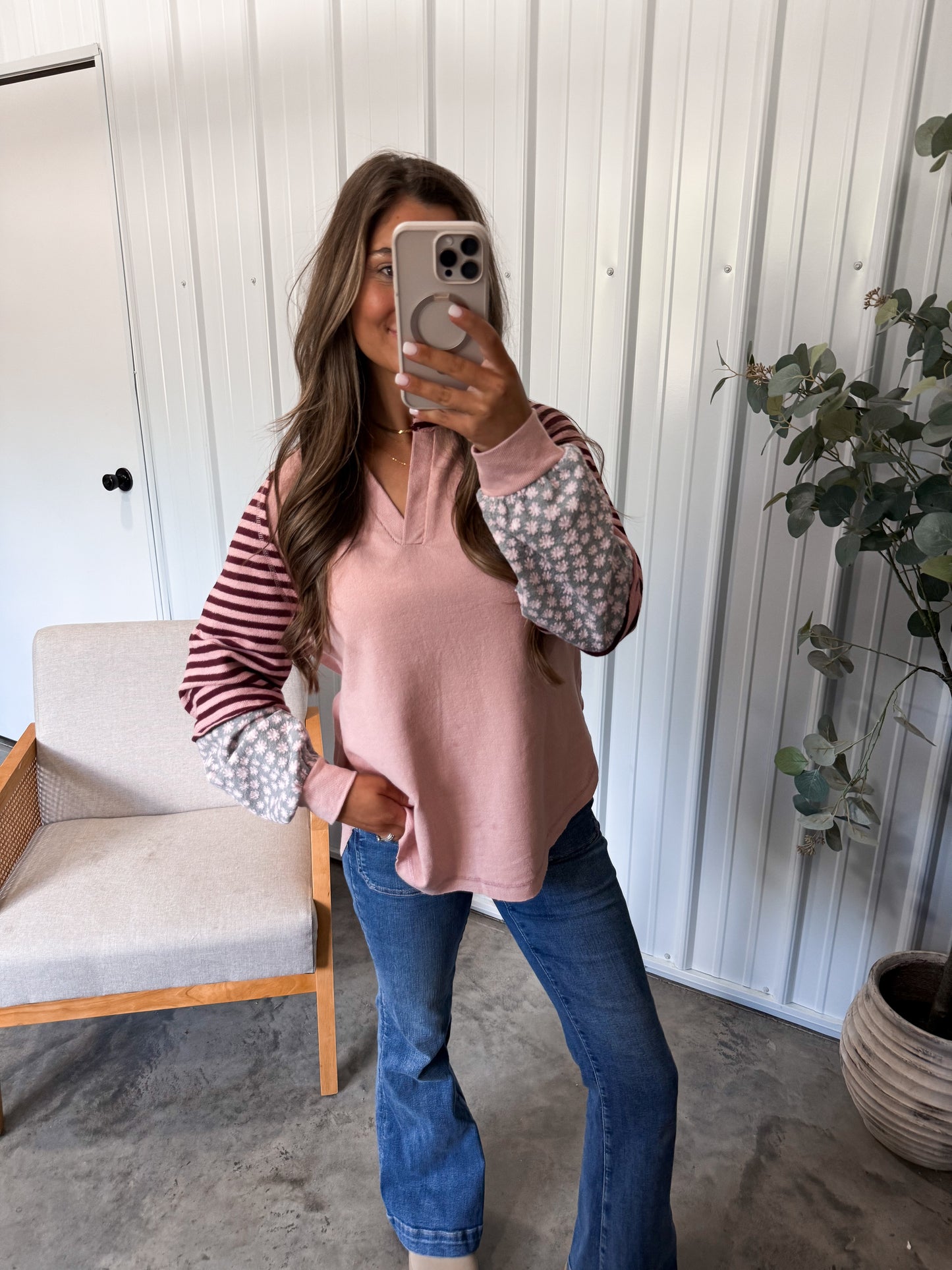 Terri Thermal Knit Patchwork Pullover- blush