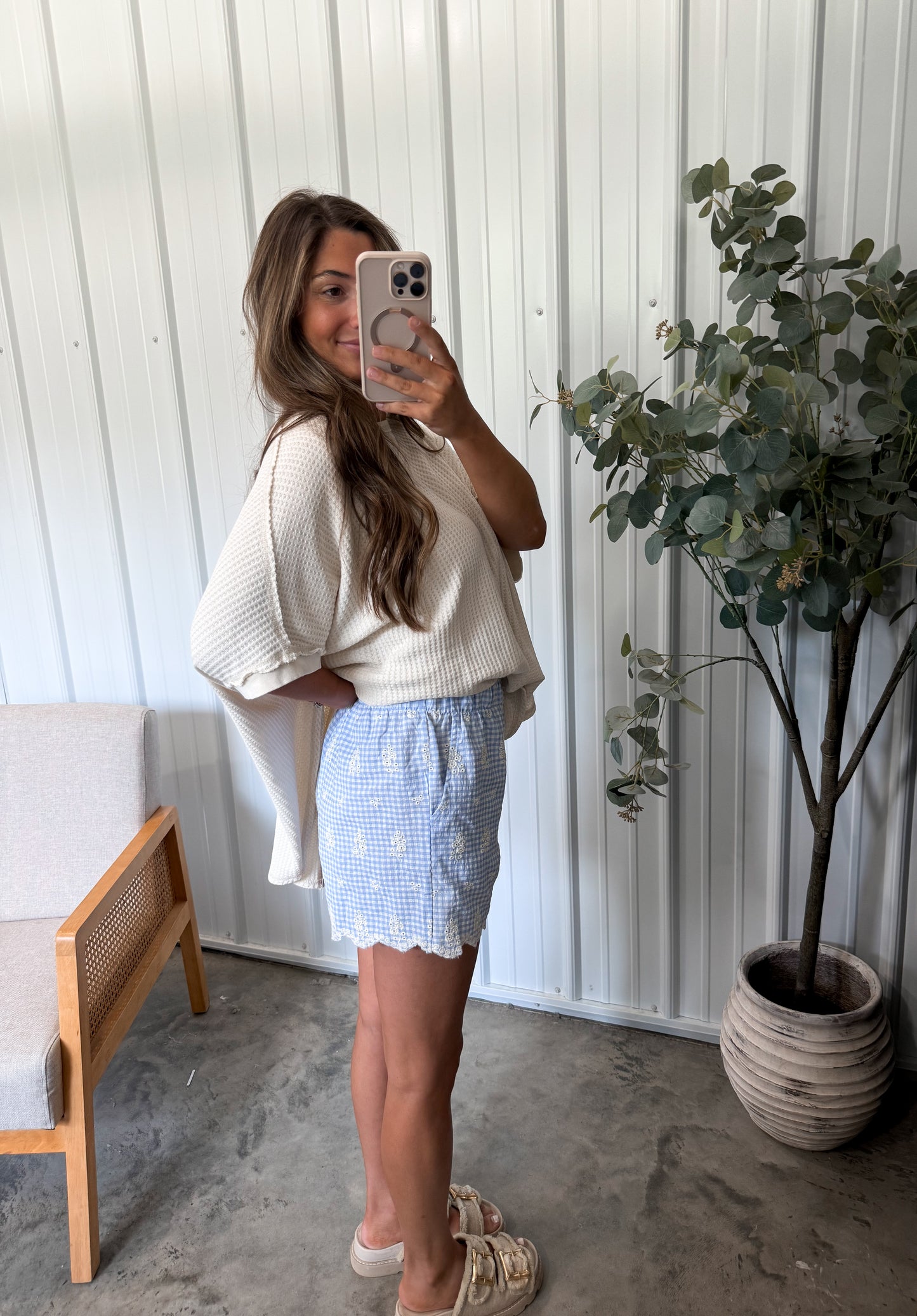 Embroidered Gingham Shorts - Blue