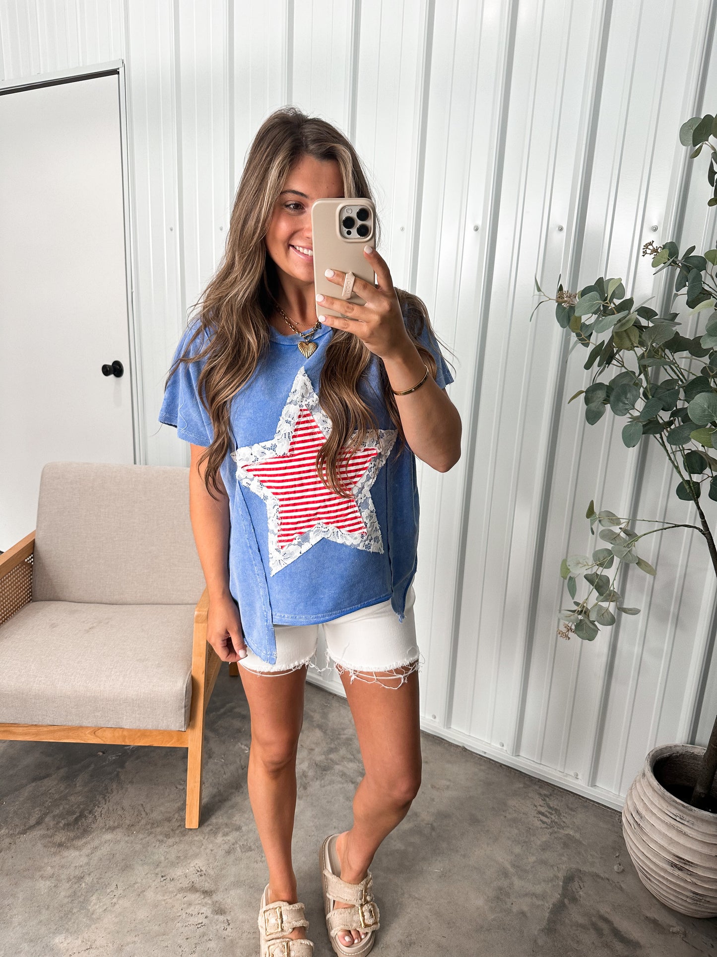 USA Striped Star Lace Patch Tee- Blue