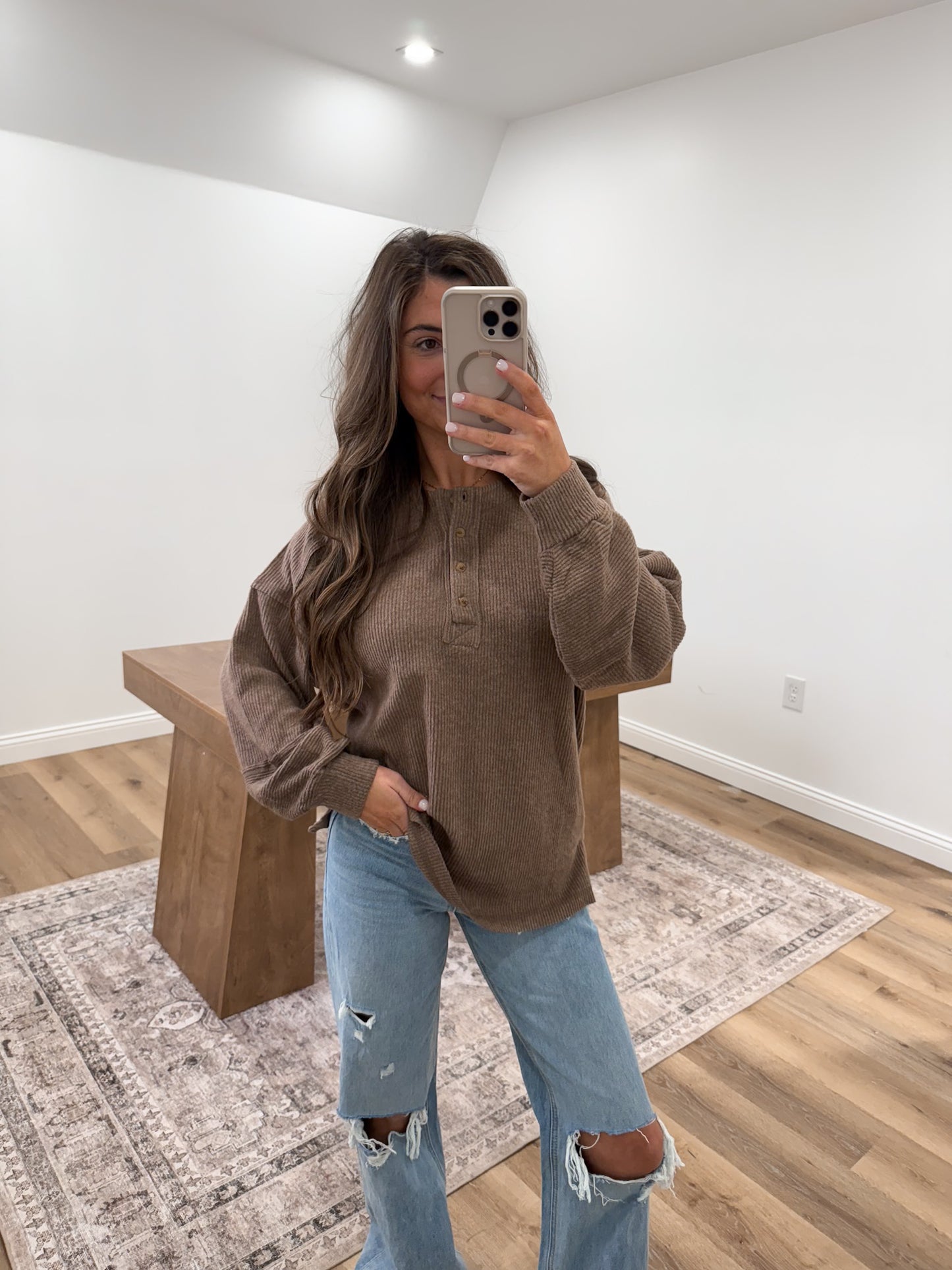 Ribbed Brushed Hacci Melange Henley