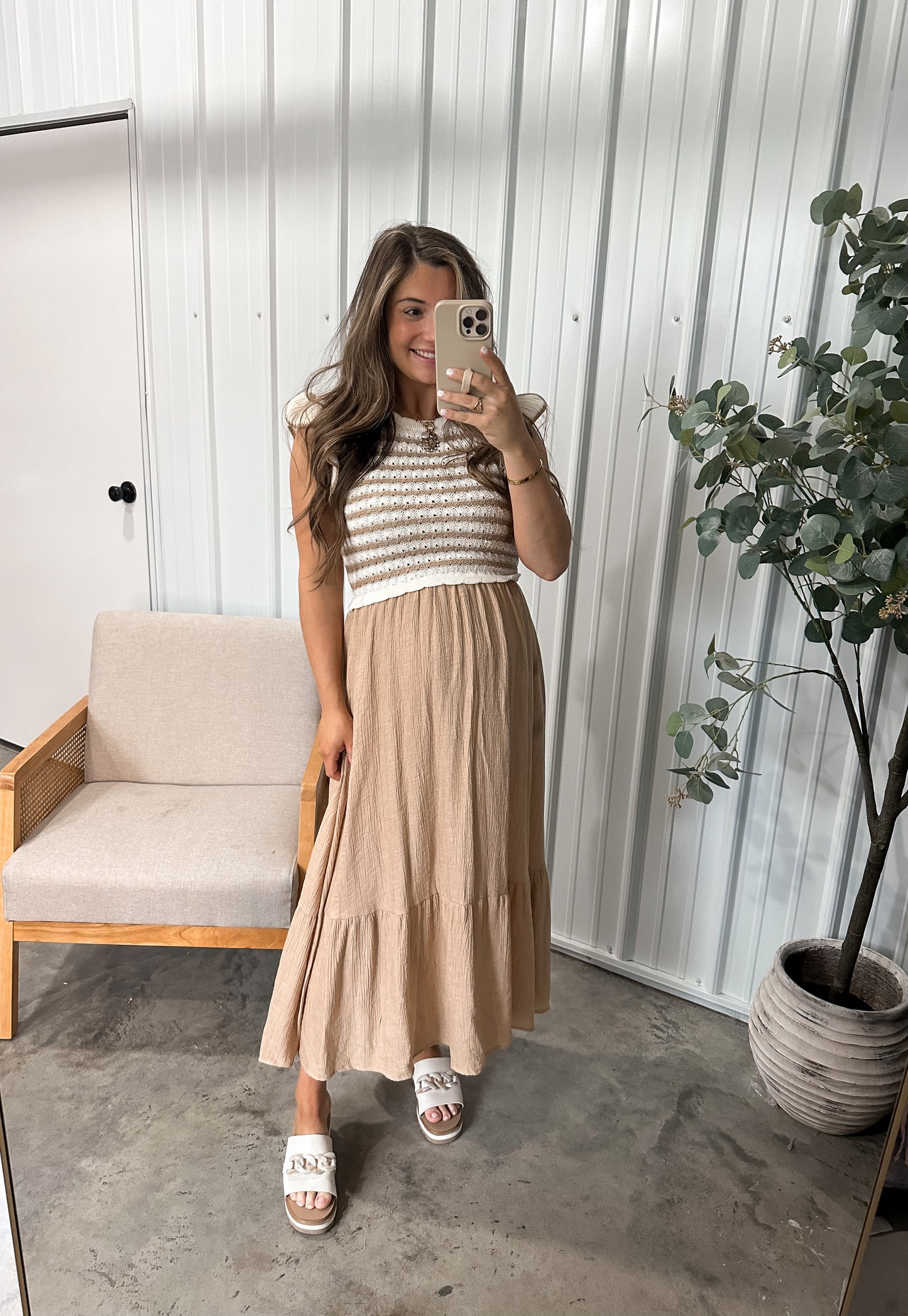 Mixed Media Knit Top Maxi Dress - Neutrals