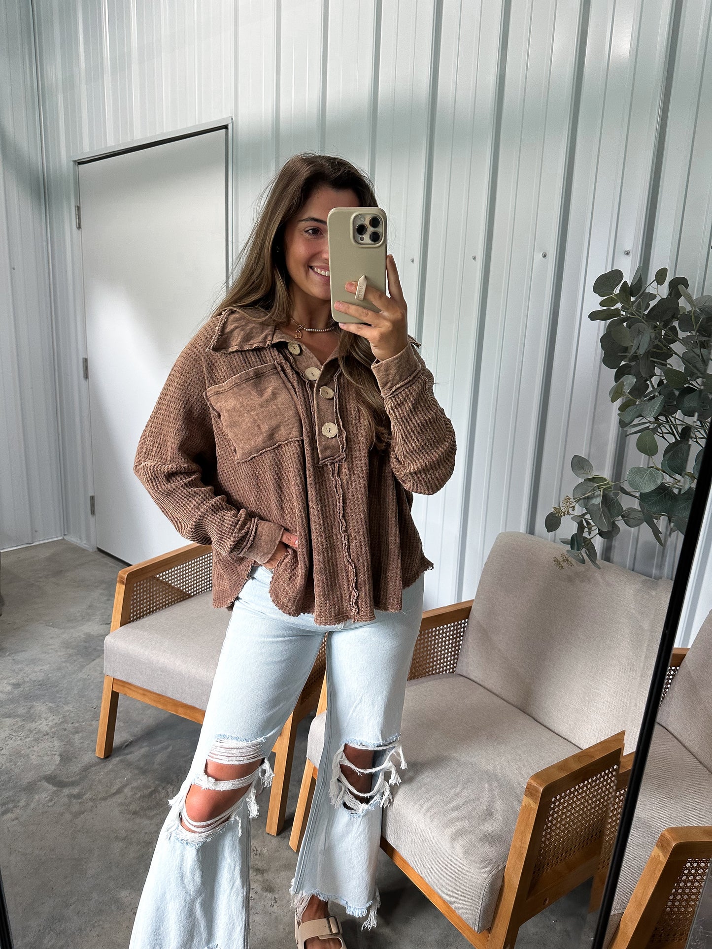 Oaks thermal gauze button up - mocha