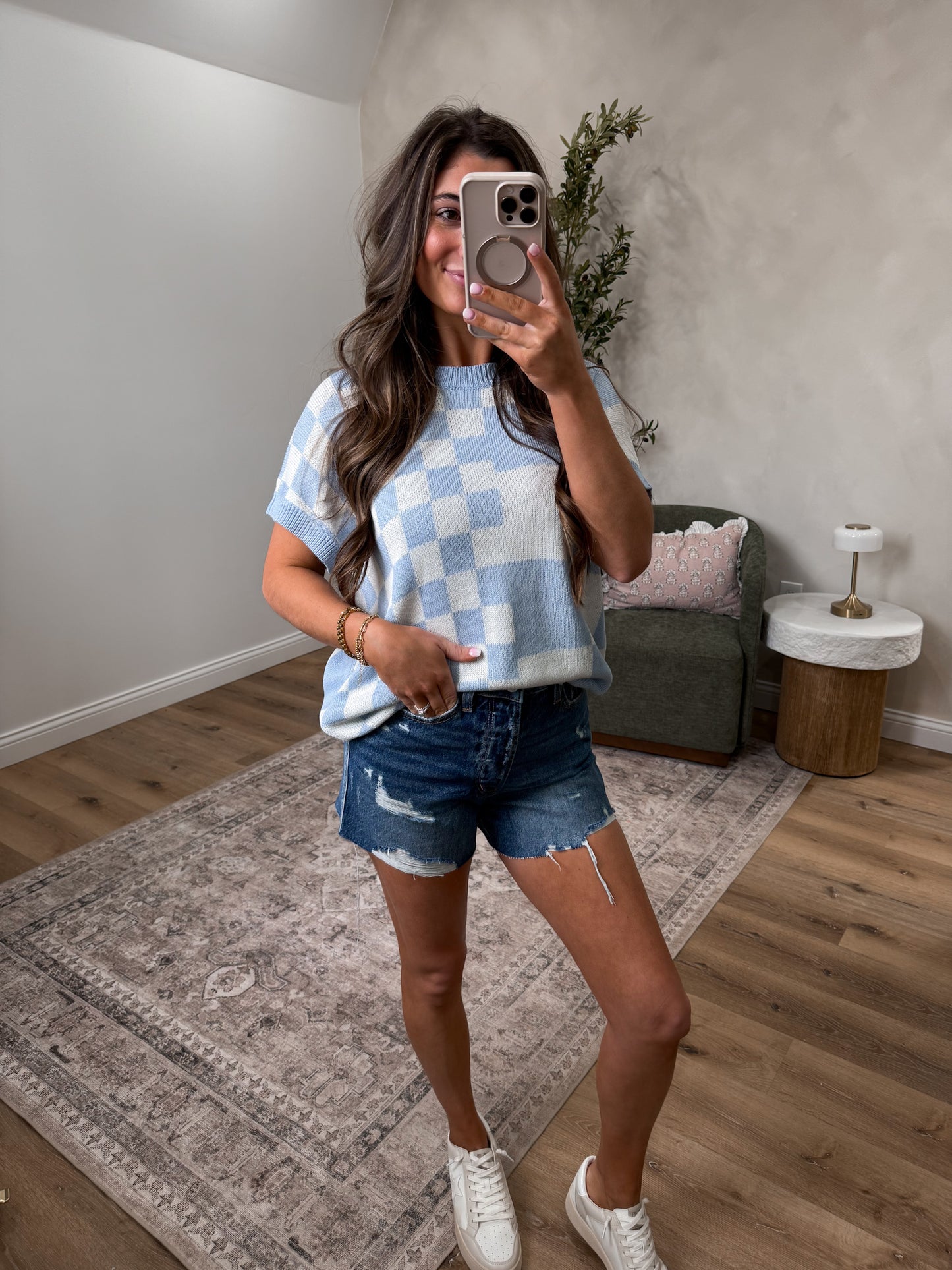 Vivid Vibes Checkered Knit Top - sky mix