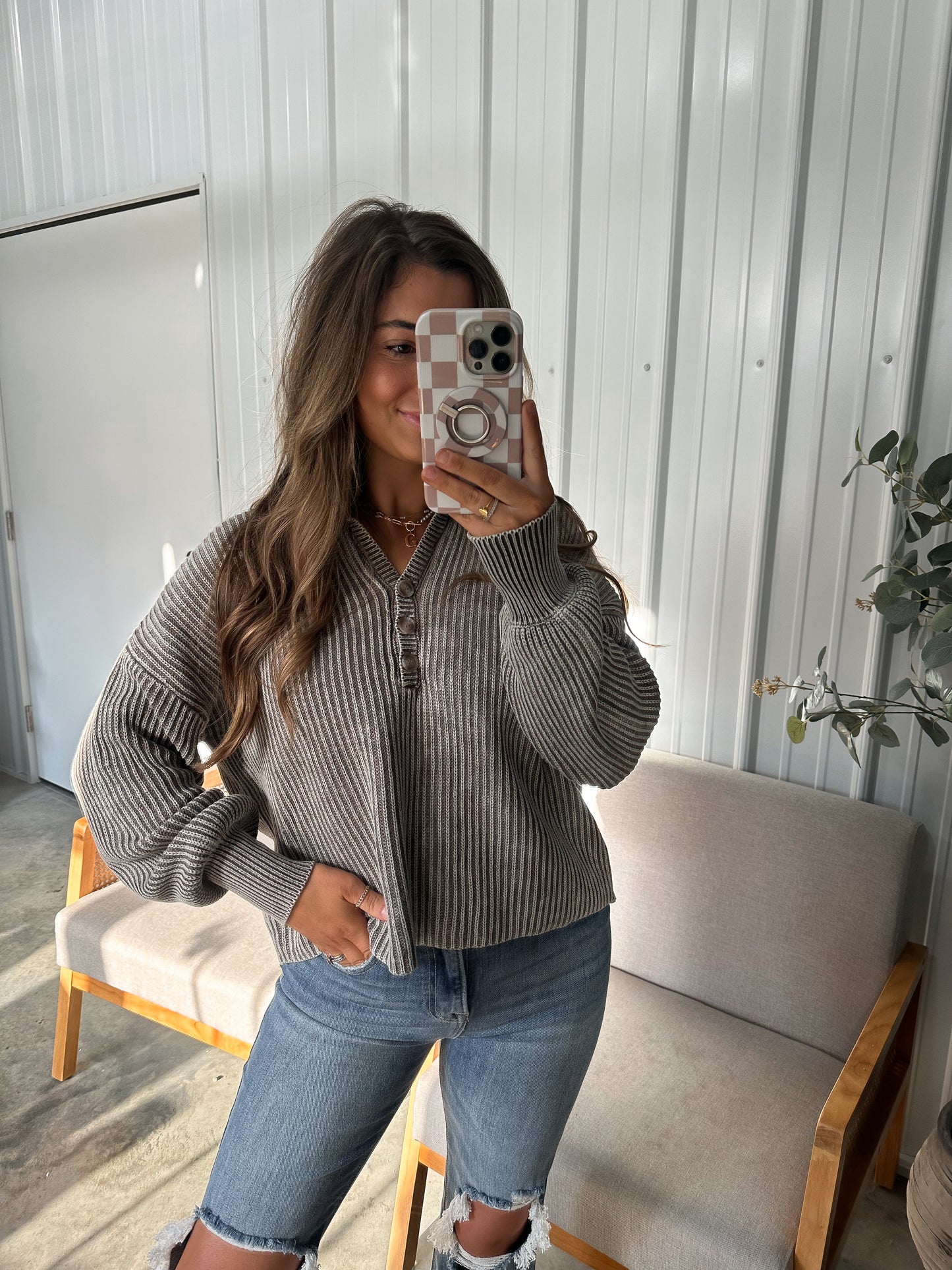 Washed mineral collared henley sweater- mocha
