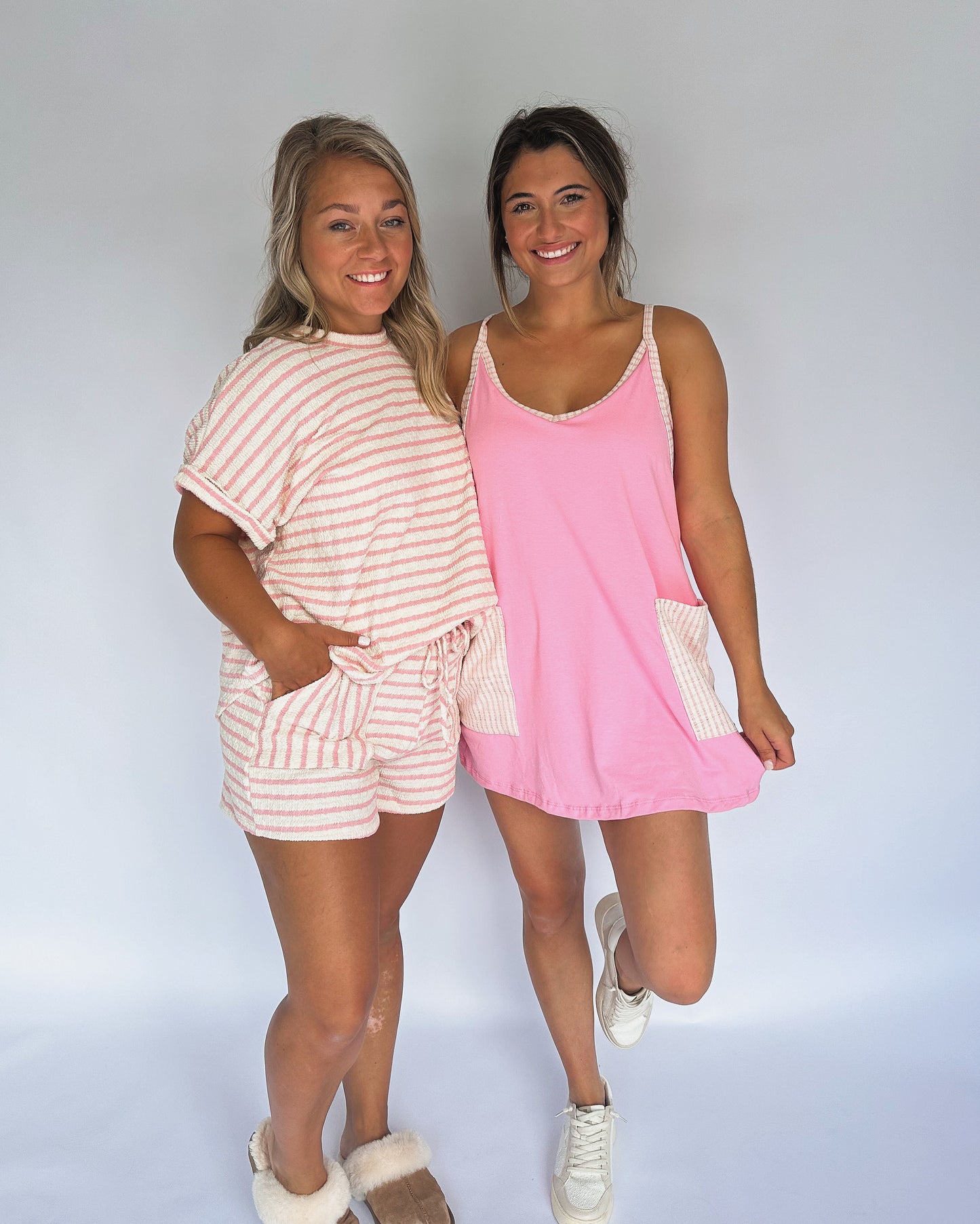 Macy Romper Dress - Pink w/striped pockets