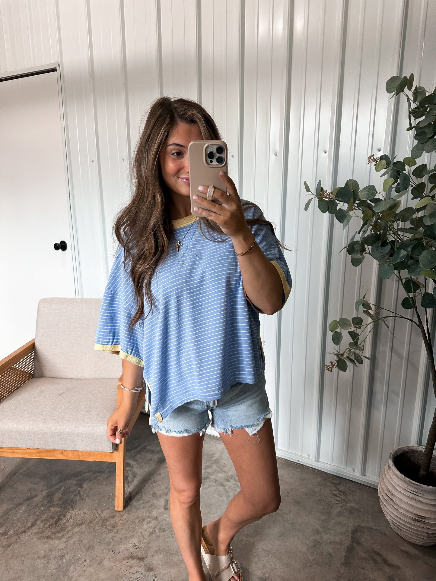 Linen Striped Contrast Tee - Blue/Lemon