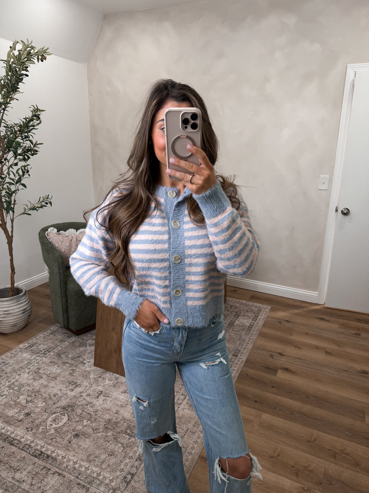 Bryn Striped Cardi - Dusty Blue