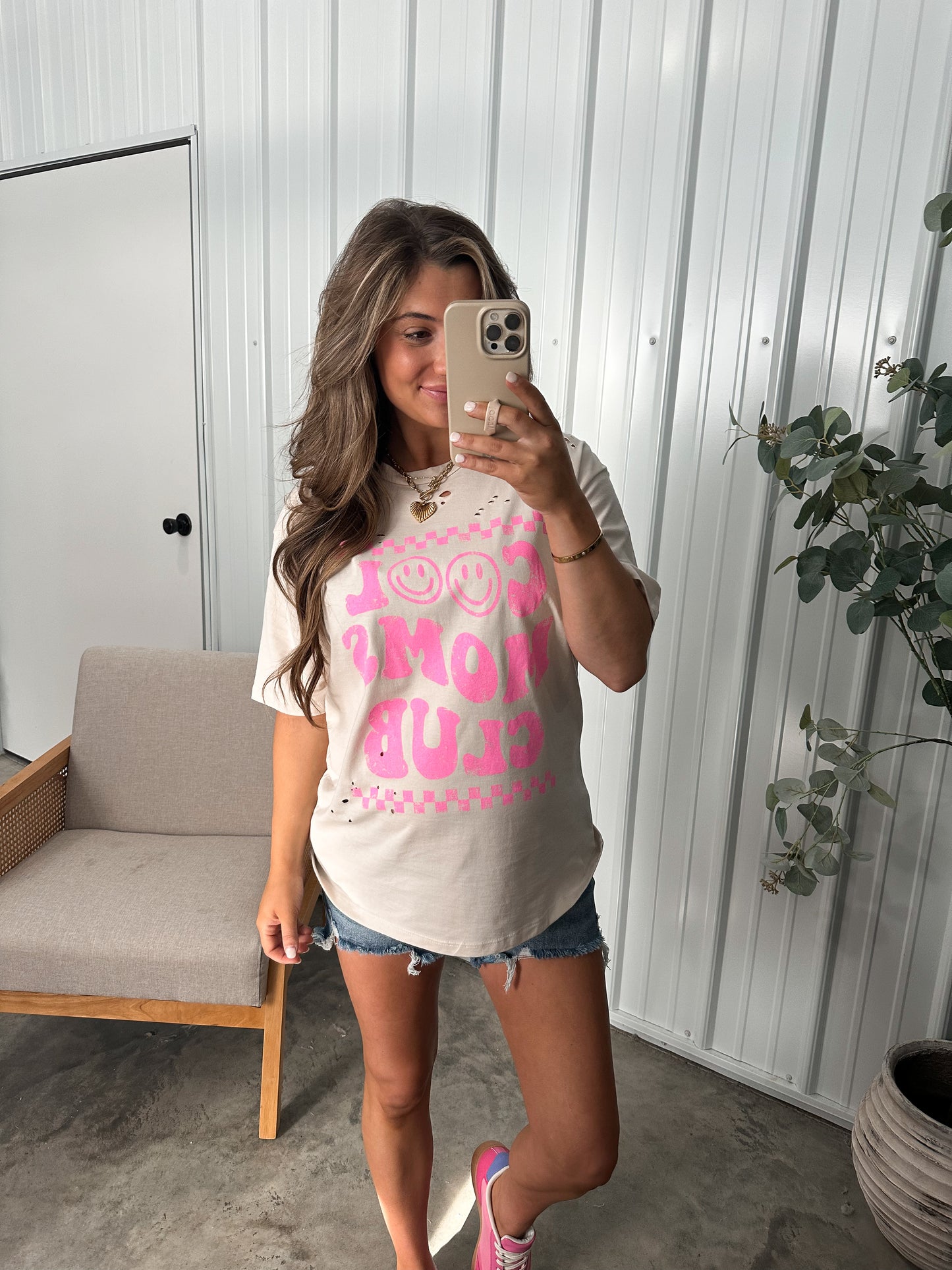 Cool Moms Club Distressed Tee- Light Khaki