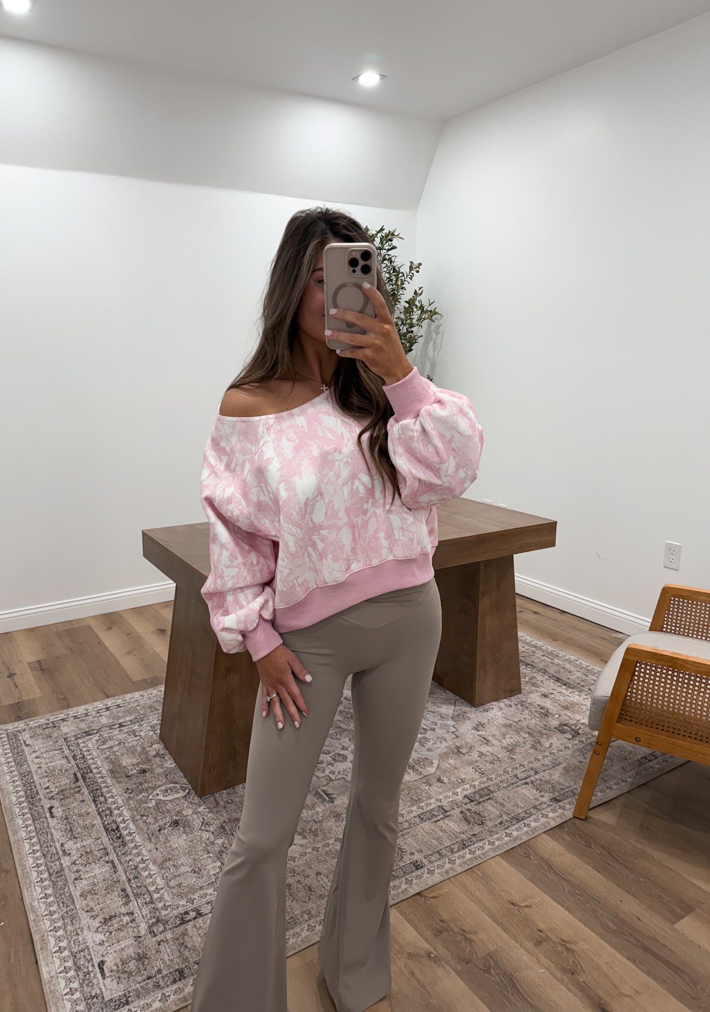 Pink Camo Off the Shoulder Cozy Crew