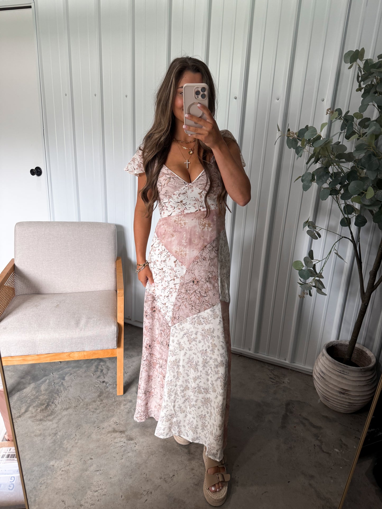 Mixed Print Maxi Dress- pink/cream