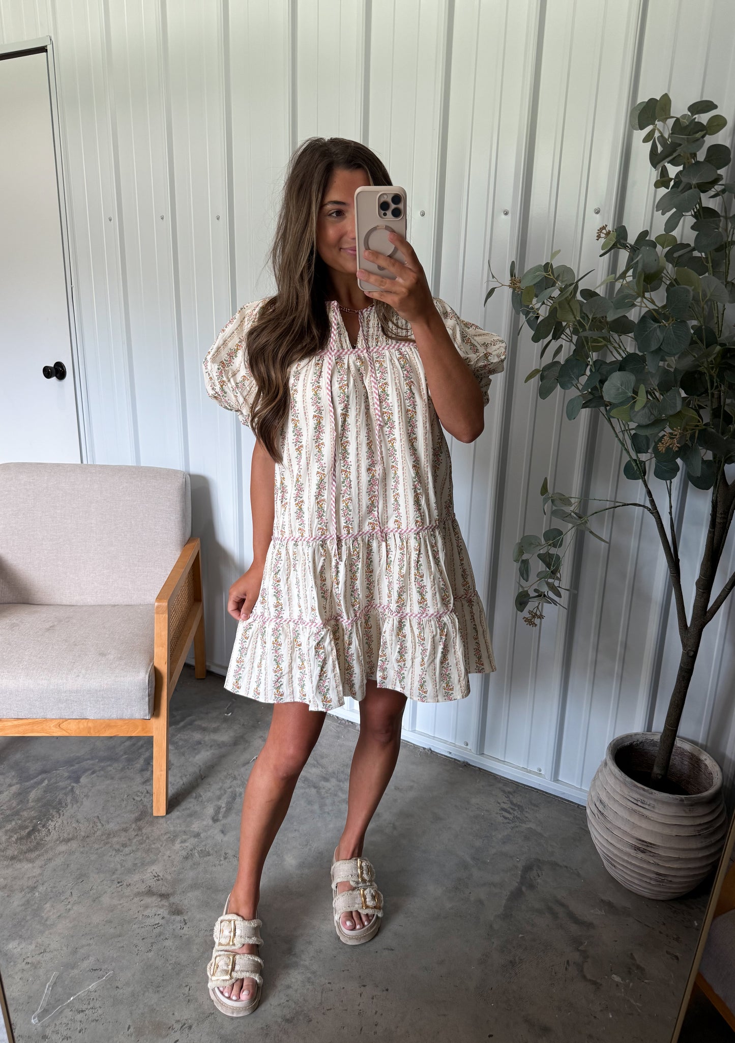 Gingham Bordered Floral Babydoll Dress
