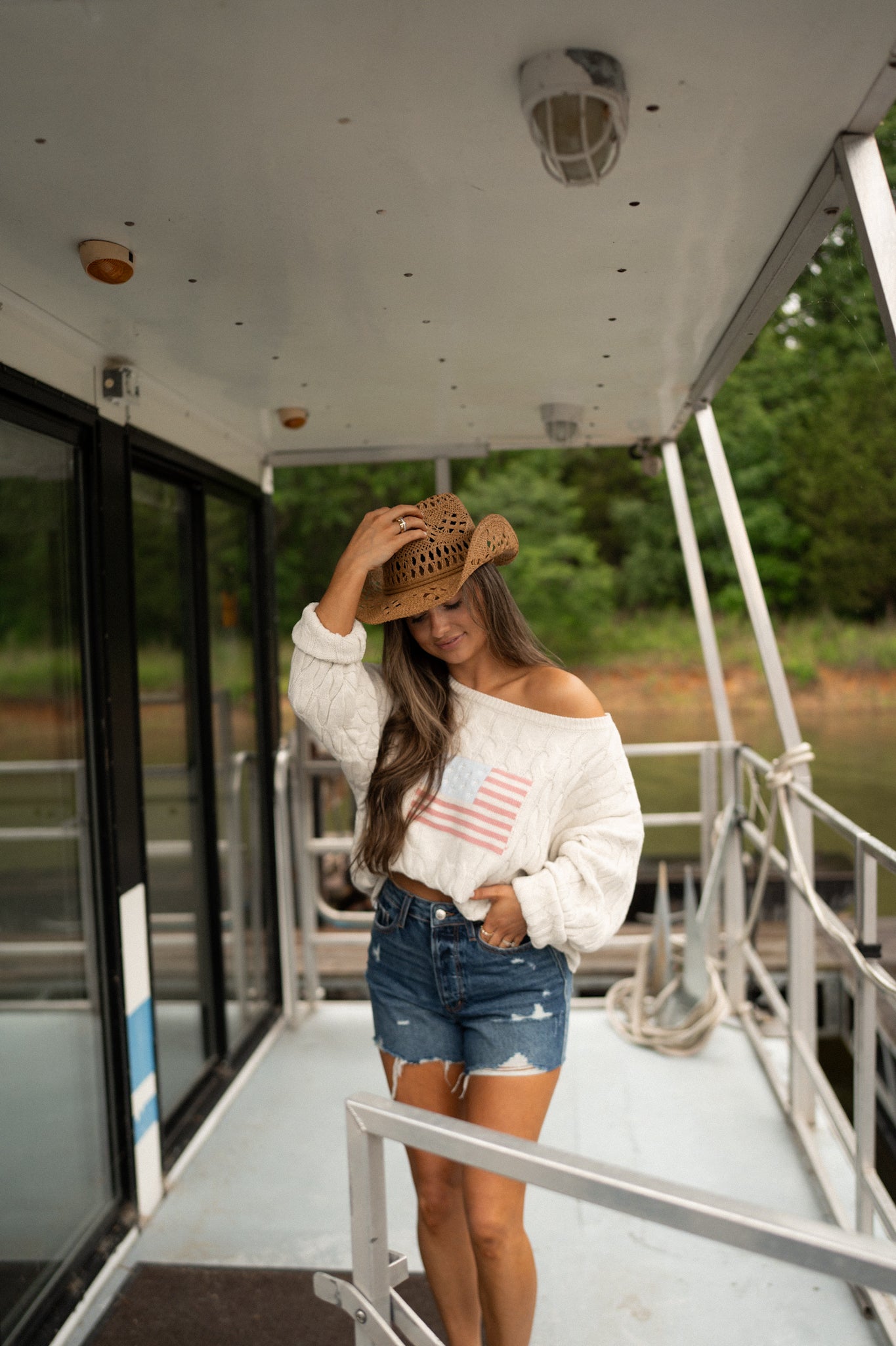 Boat Neck American Flag Sweater - cream