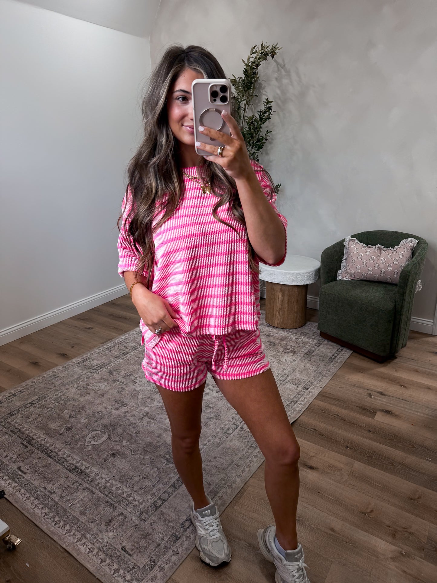 Comfort Stretch Striped Ribbed Short Set - hot pink