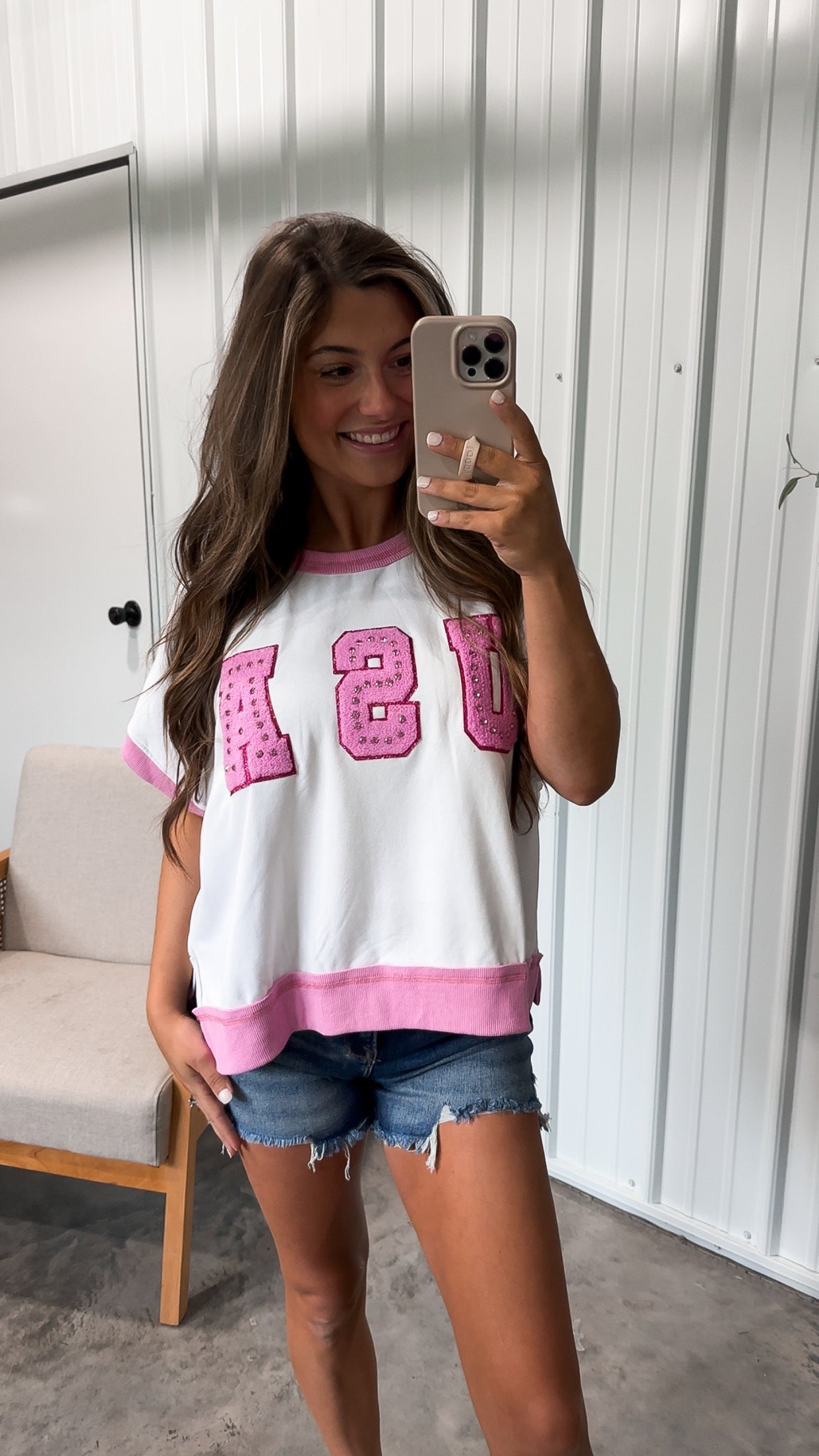 USA Varsity Patch Tee- White/PInk