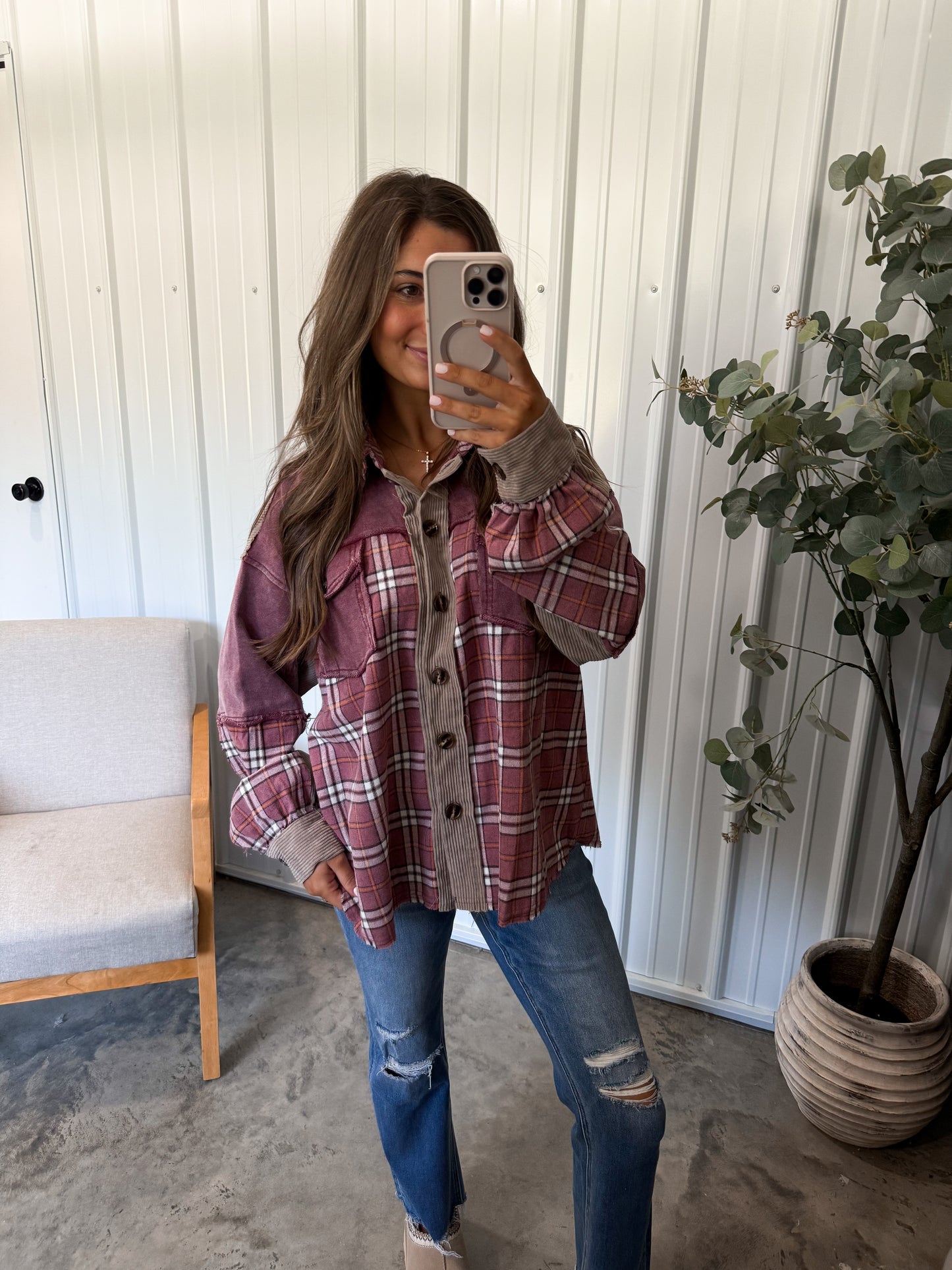 Corduroy Plaid Patchwork Shacket- Mulberry