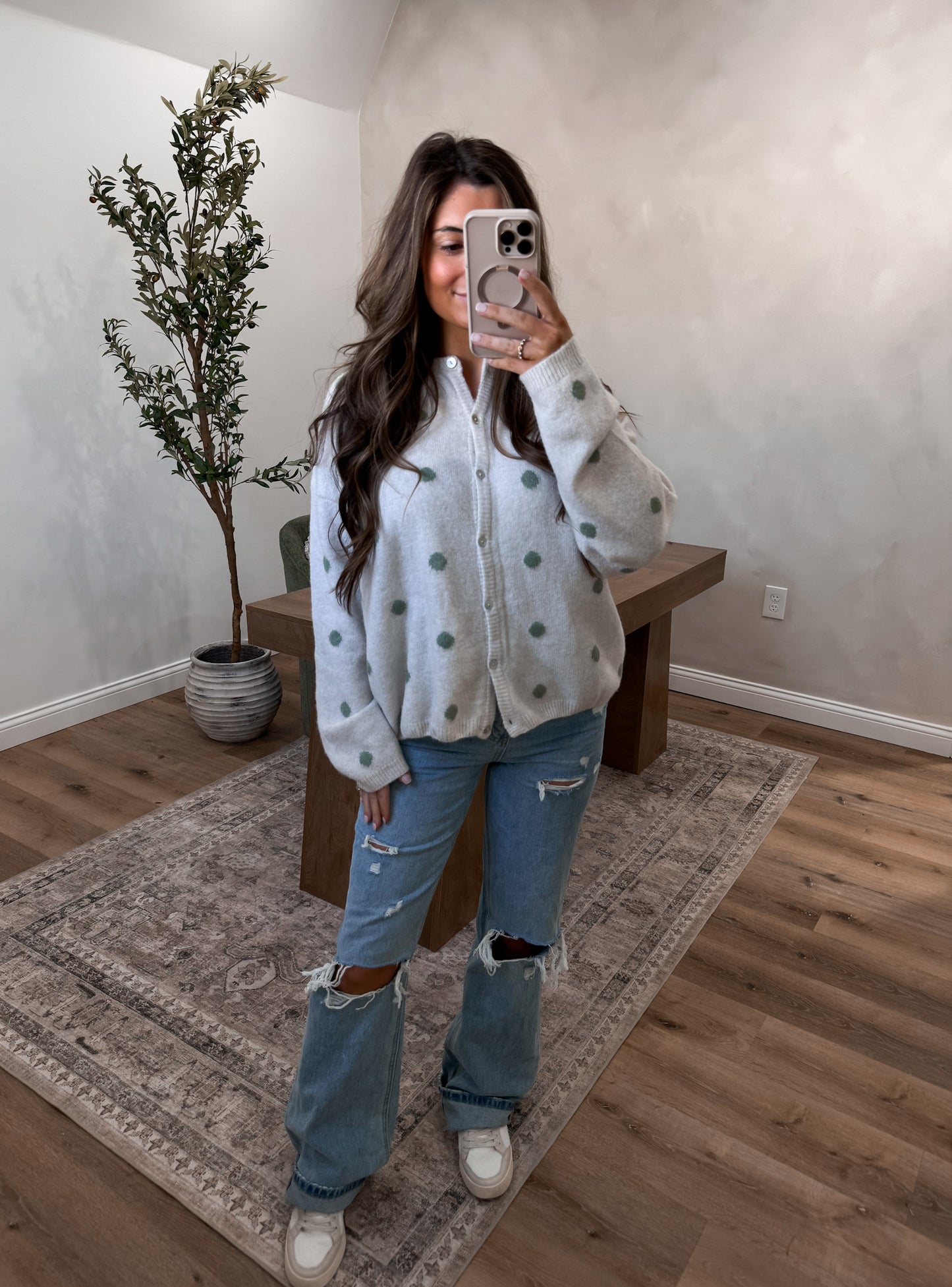 Cozy Dots Sweater Cardigan - Ivory/Sage Dot