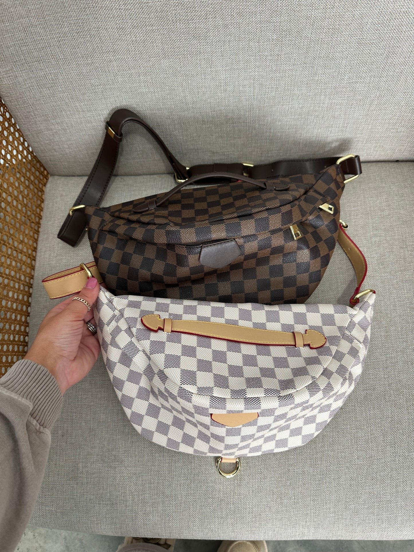Grey Checkered Bum Bag - white