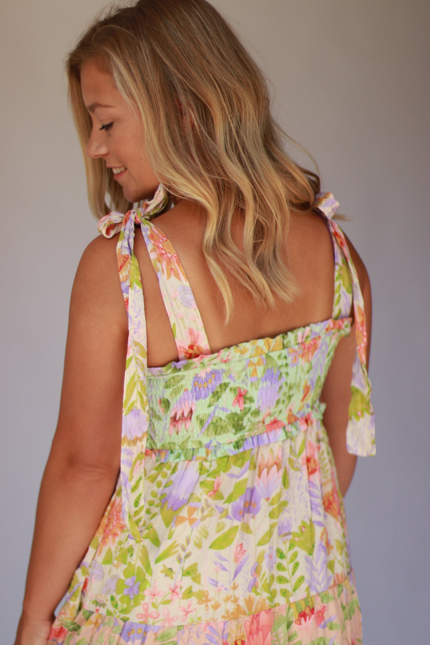 Smocked V-Neck Tiered Multi Print Dress
