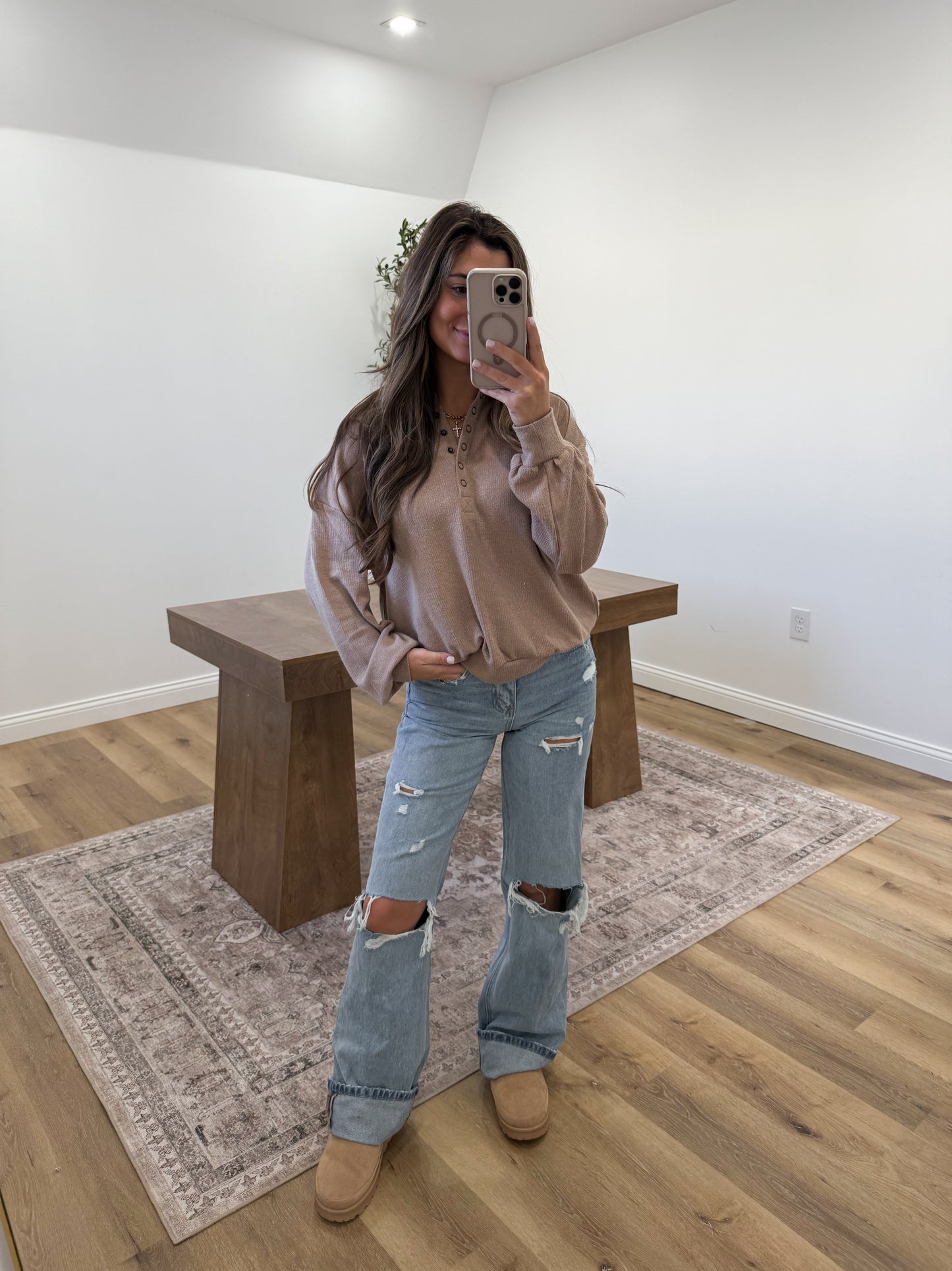 Collared Half Snap Long Sleeve Knit Top-Khaki