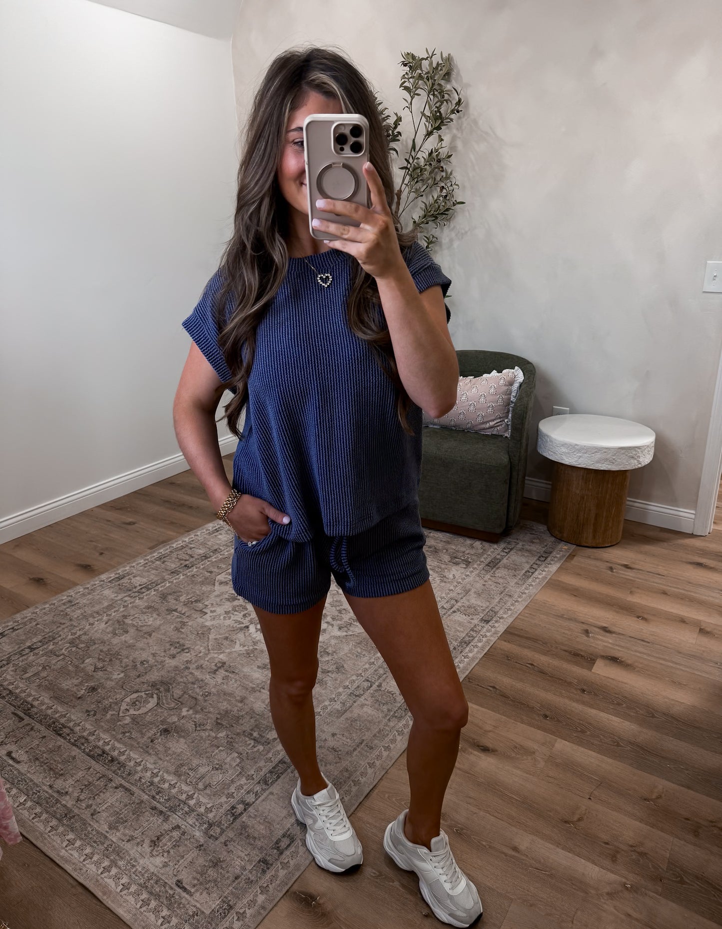 Comfort Stretch Ribbed Cap Sleeve Short Set - navy