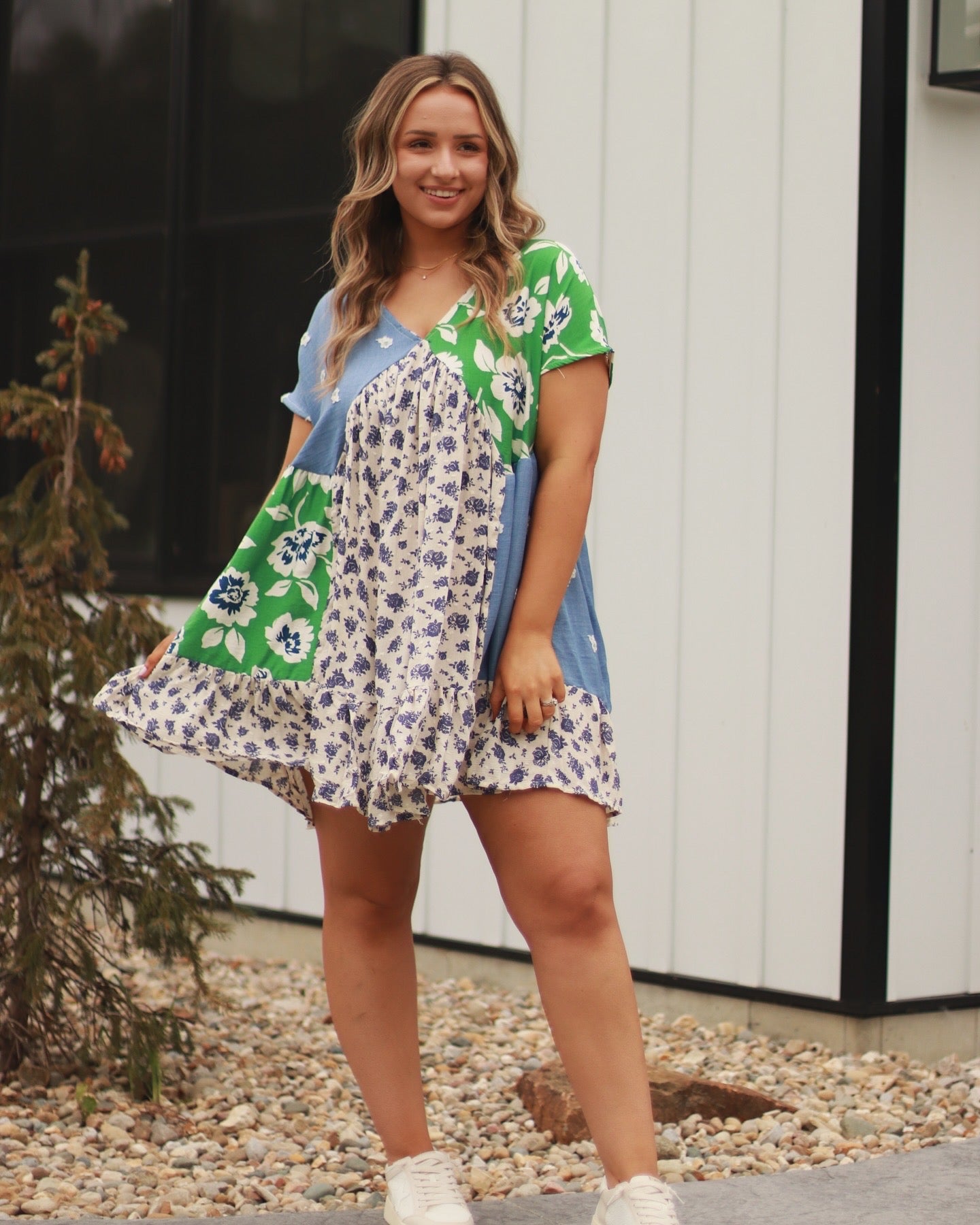 Ralee Patchwork Babydoll Dress- Denim/Green **LIGHTLY LOVED**
