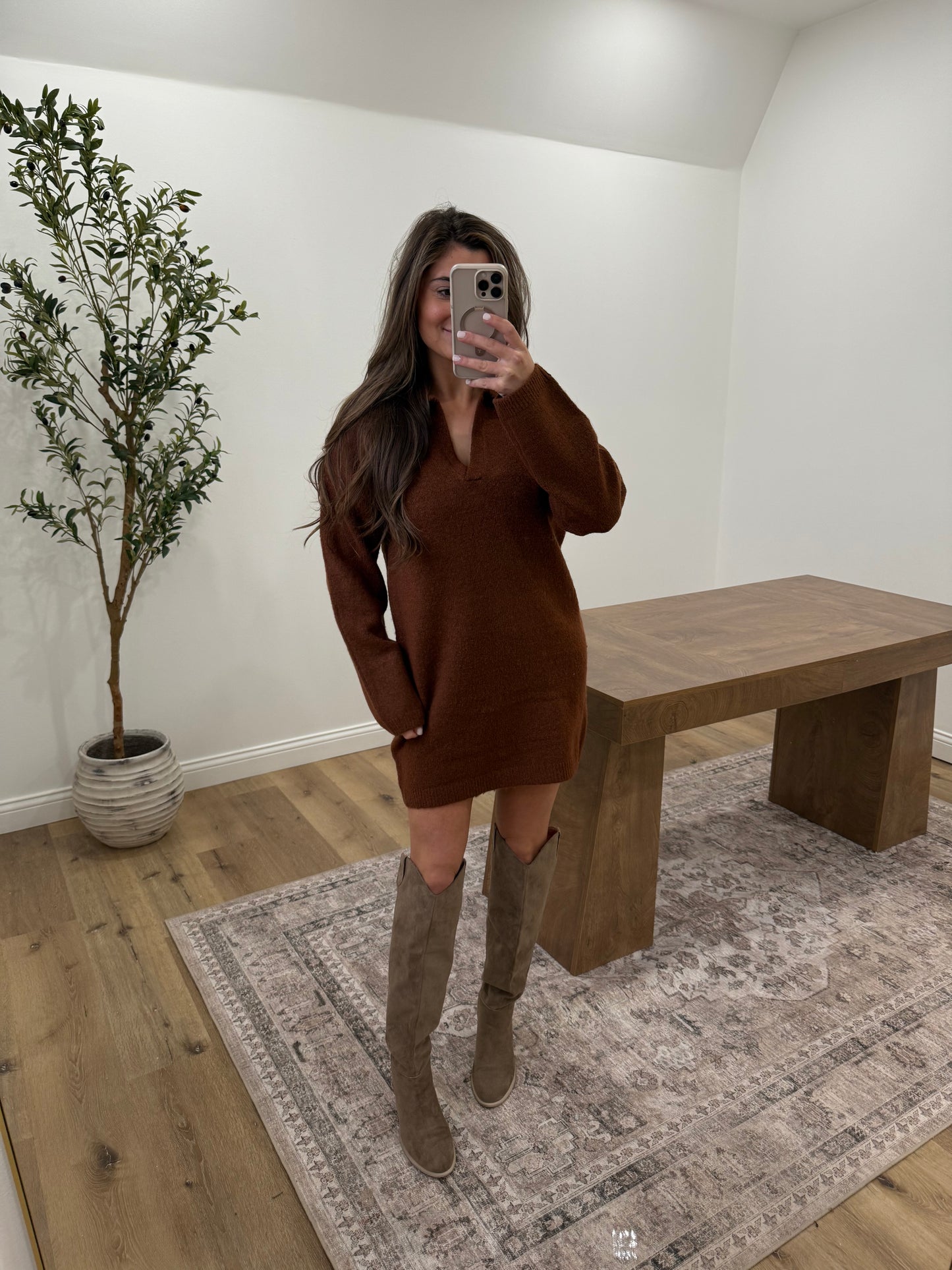 Long Sleeve Sweater Dress- Chestnut