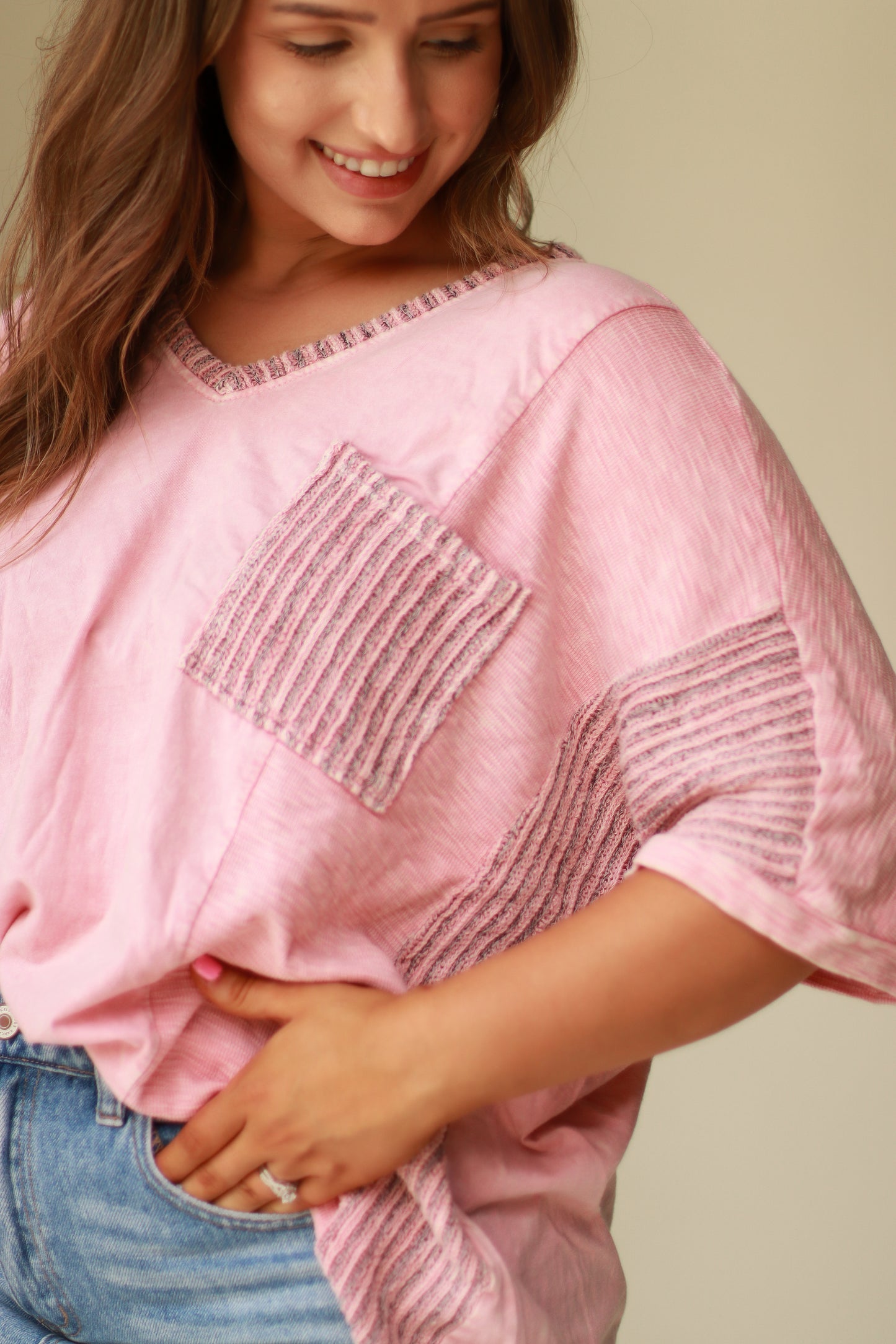 Candace Casual Vneck Top- Pink
