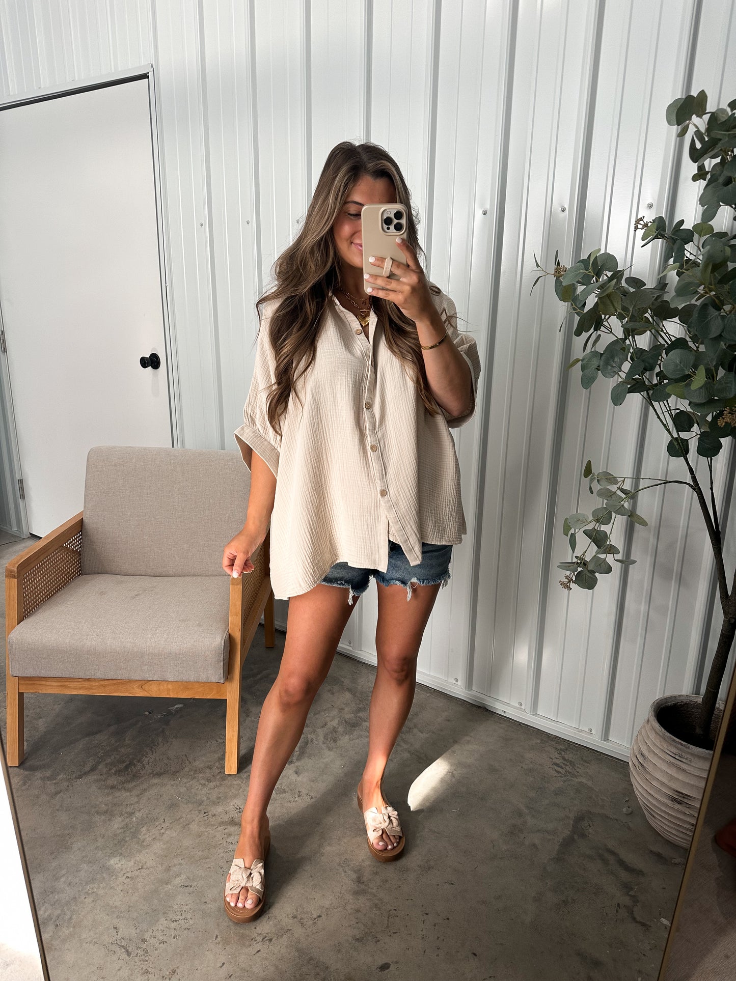 Beachy Gauze Button Up - Sand Beige