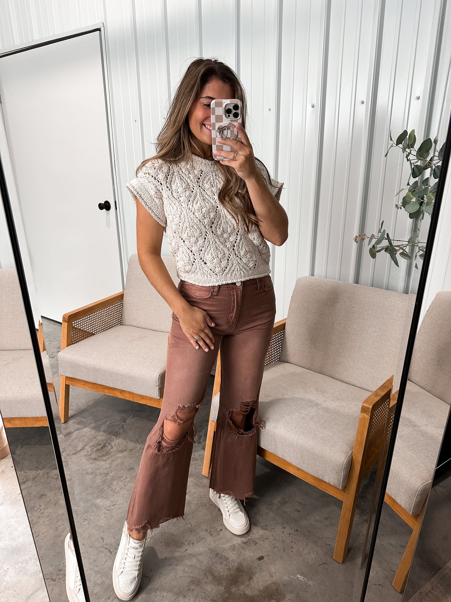 90's Vintage Crop Flare Distressed Jean- mocha
