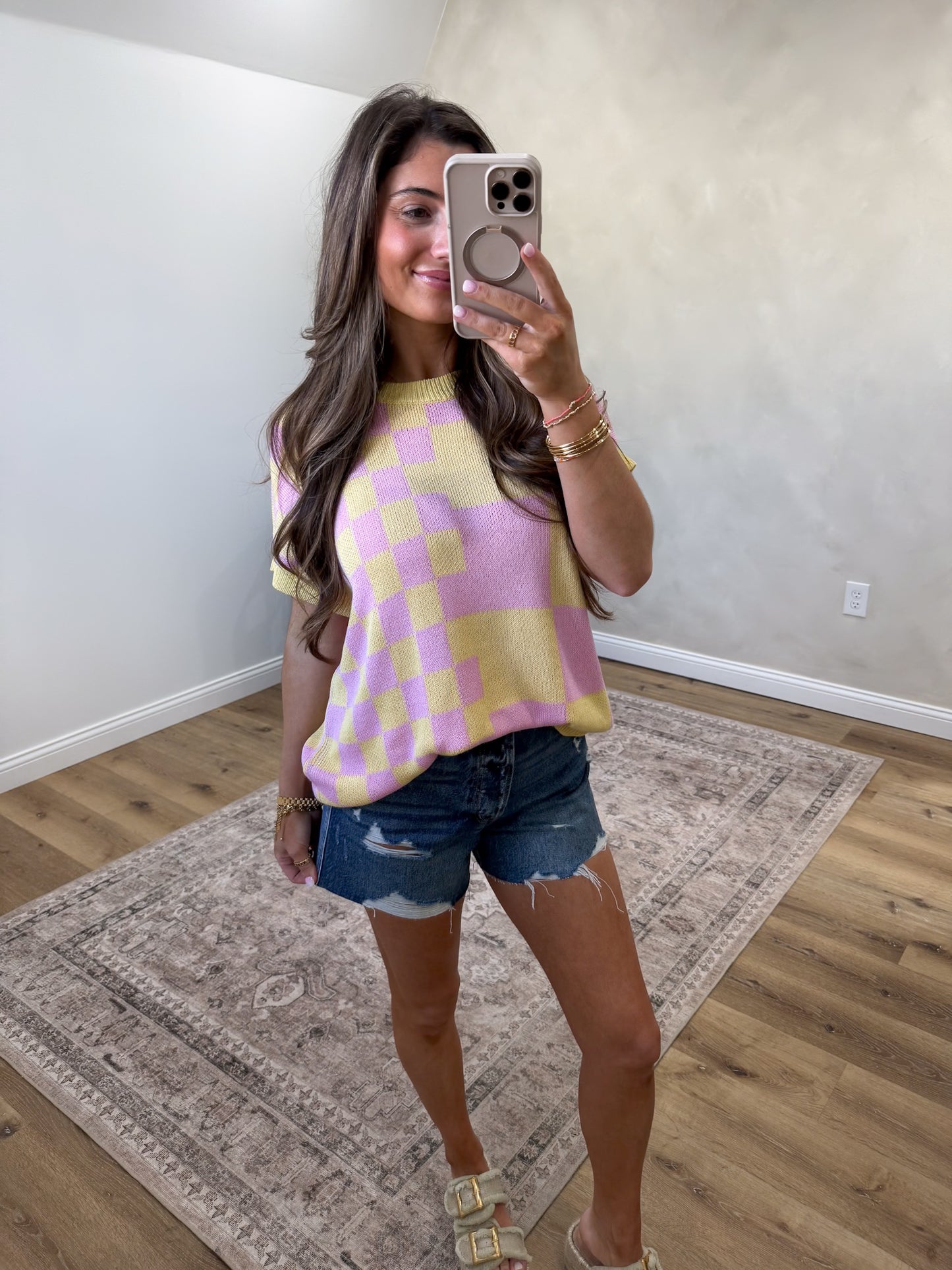 Vivid Vibes Checkered Knit Top - yellow mix