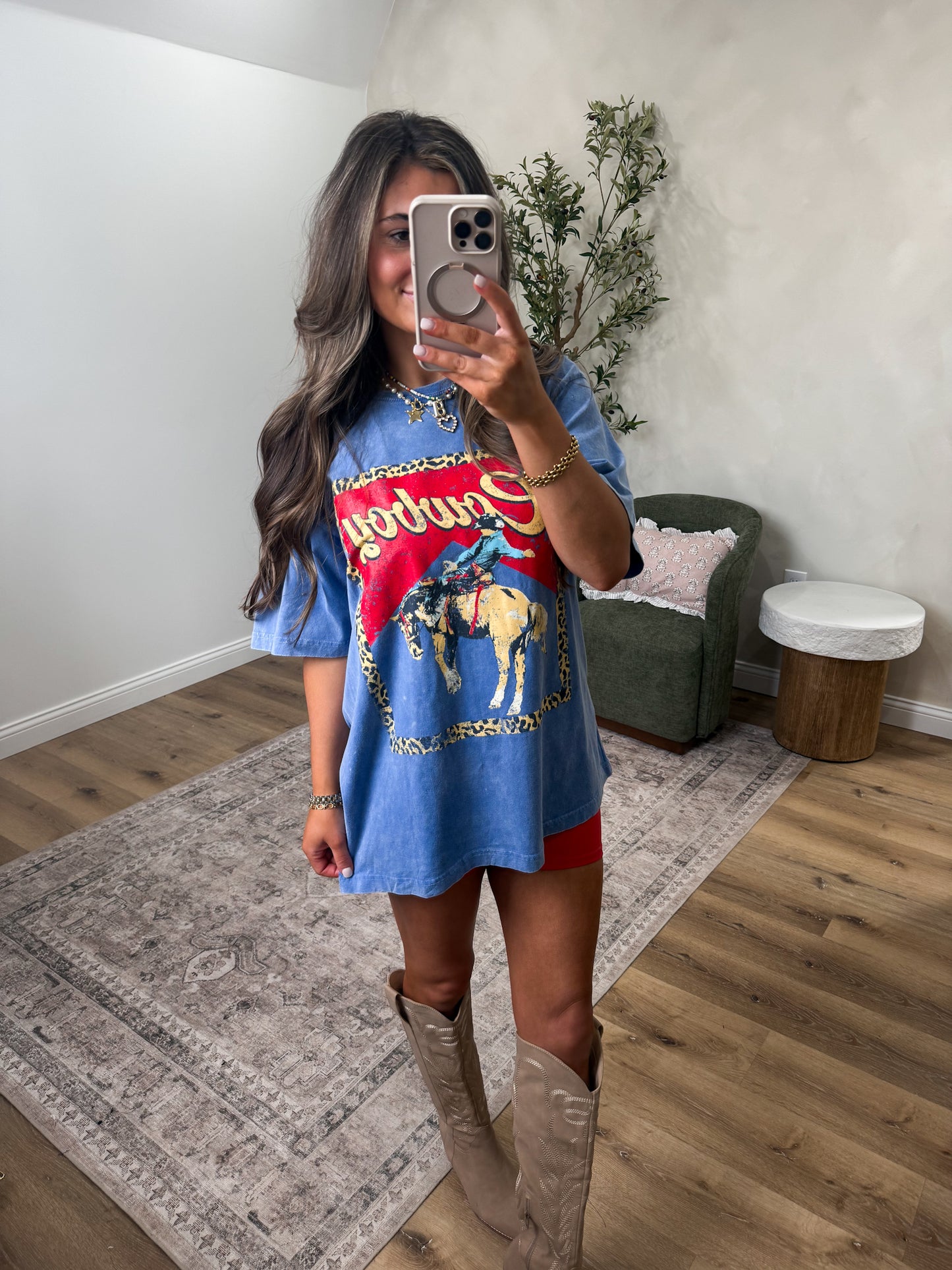 Western Cowboy Leopard Frame Graphic Tee - blue