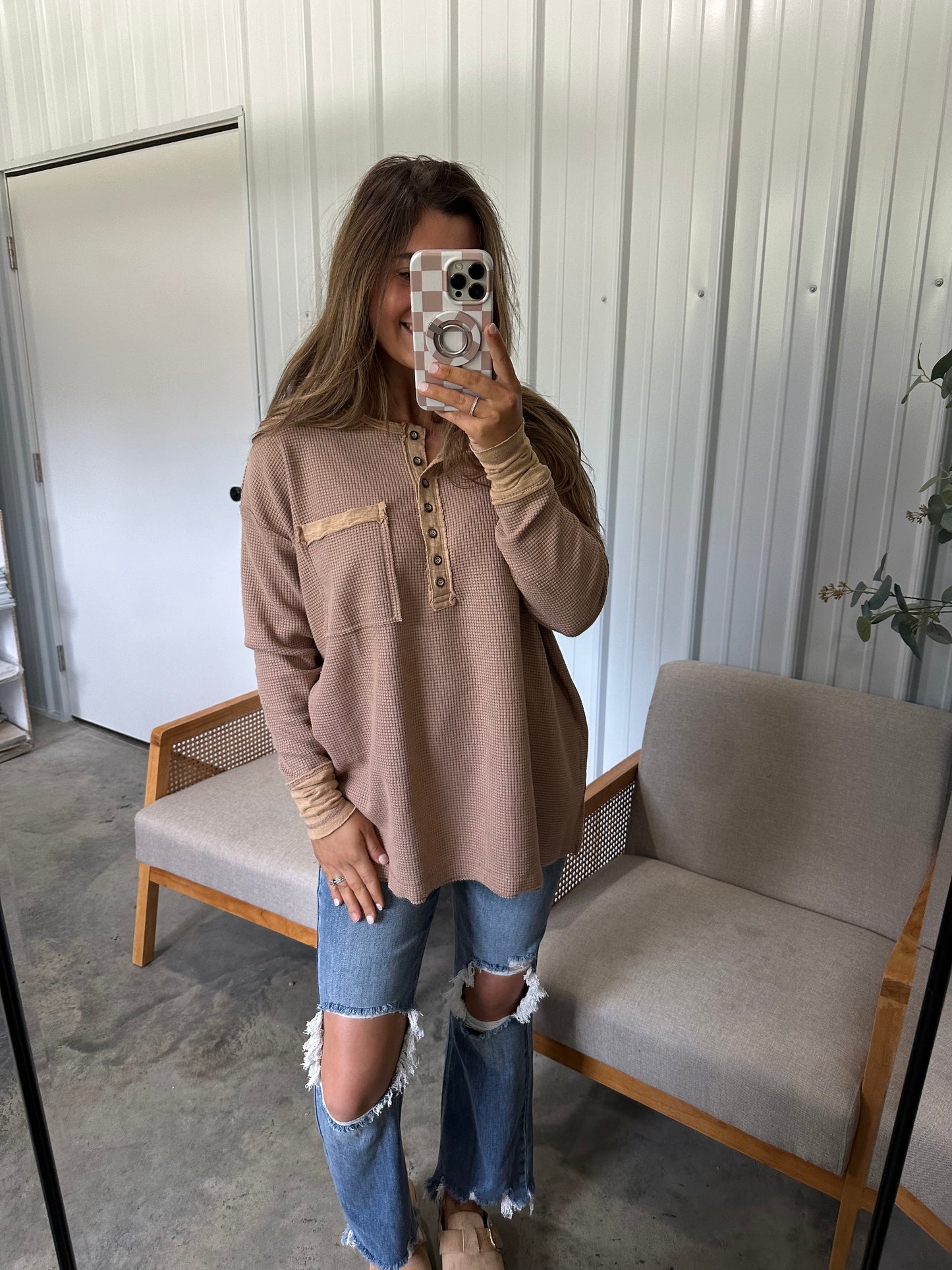Staple Garment Washed Contrast Henley - Mocha