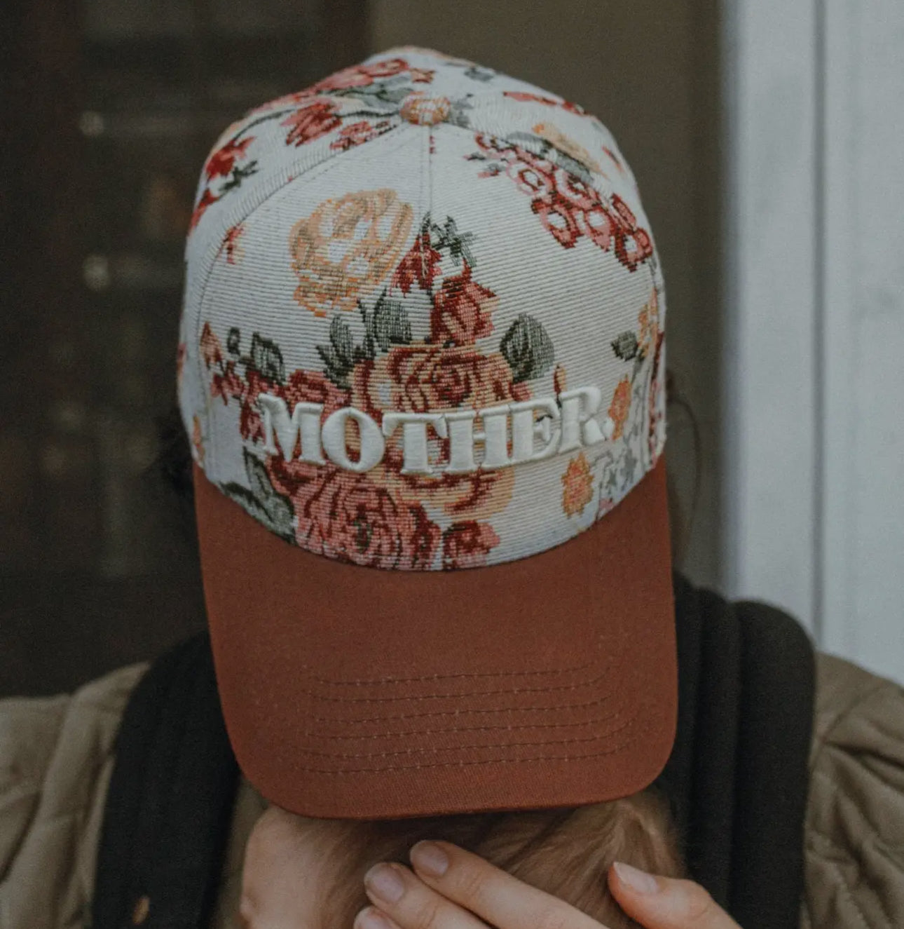 Floral Embroidered Corduroy "MOTHER" Hat