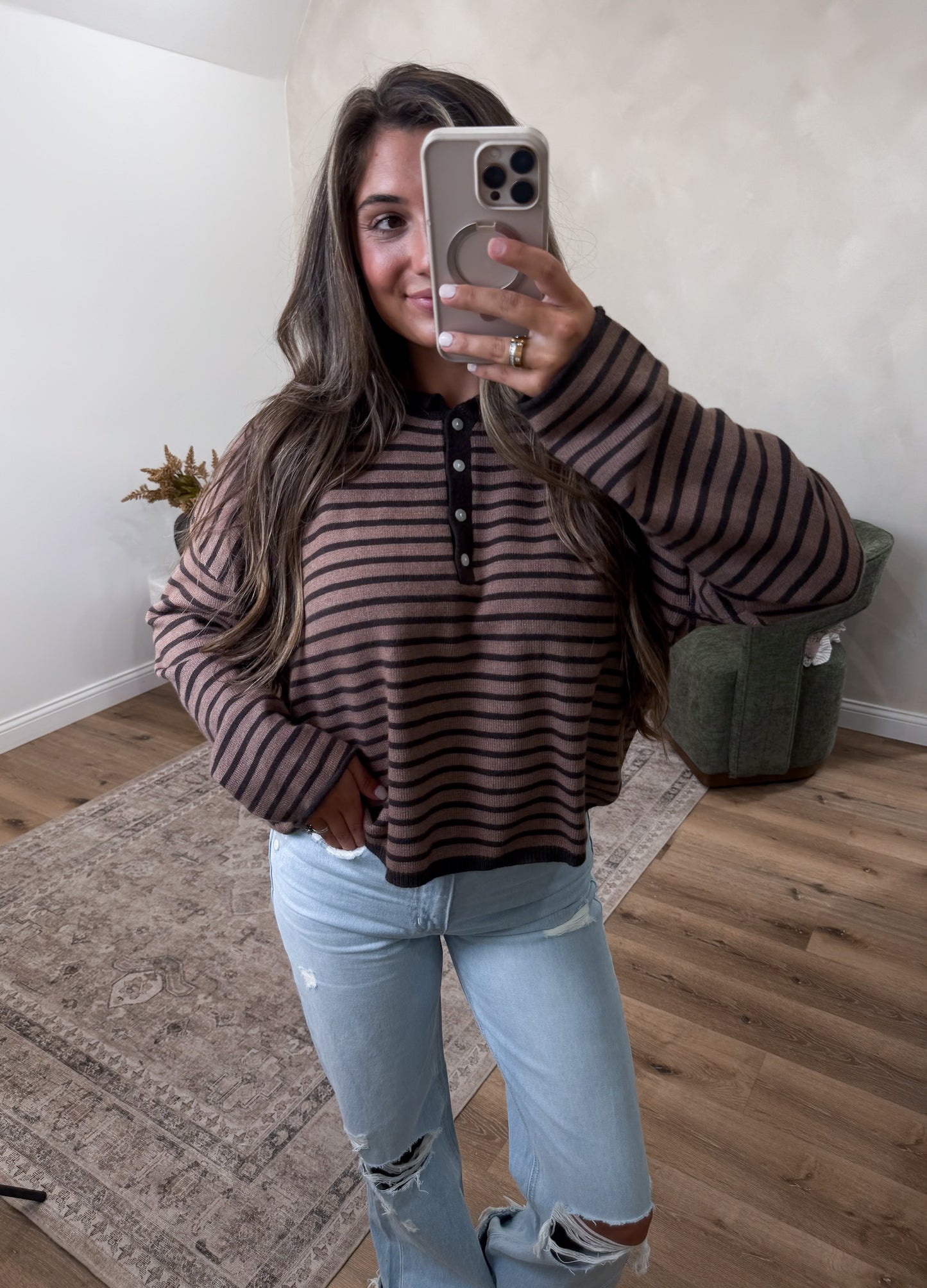 Striped Henley Pullover - mocha/espresso