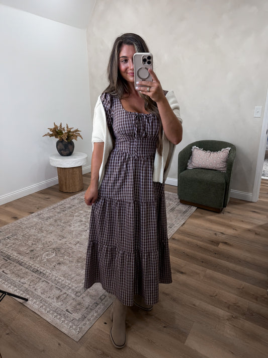 Jolene Plaid Corset Midi Dress - mocha