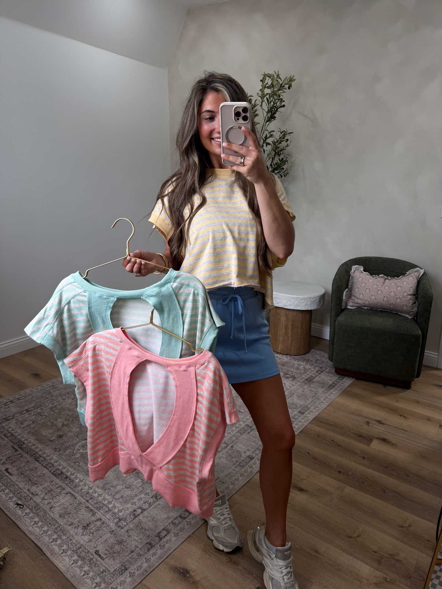 Chasing Pursuit Striped Open Back Top - peach/oatmeal