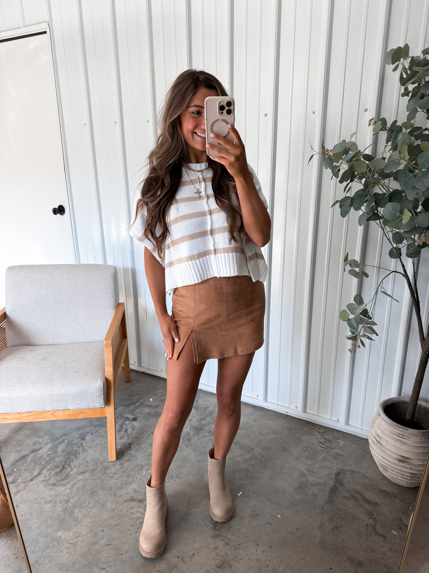 Suede Side Slit Skort- soft camel