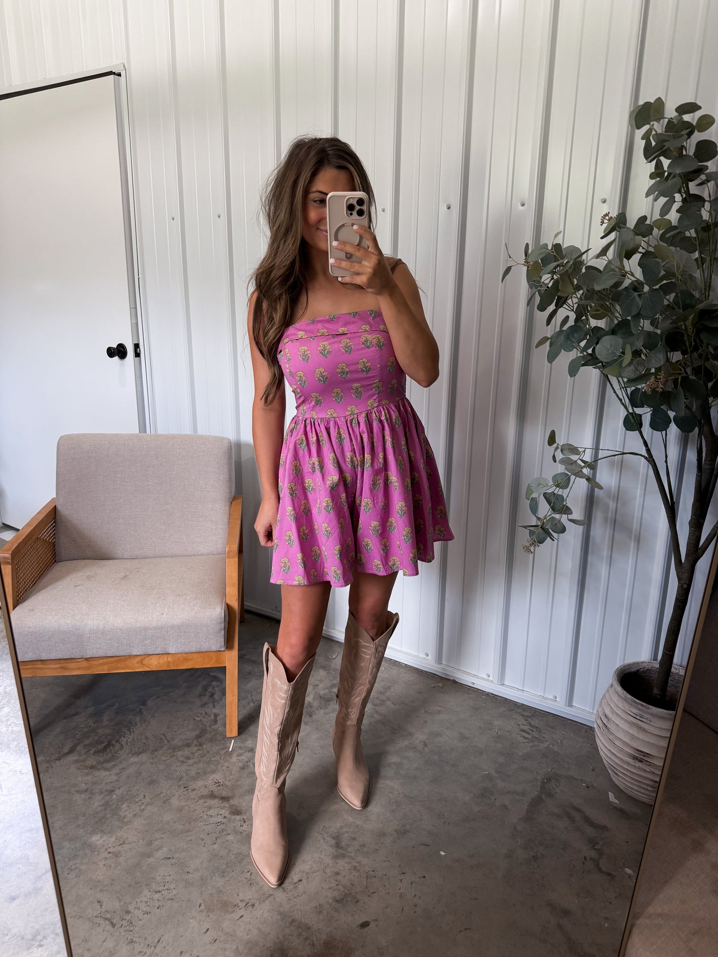 Smocked Tube Top Floral Romper- Dark Fuchsia