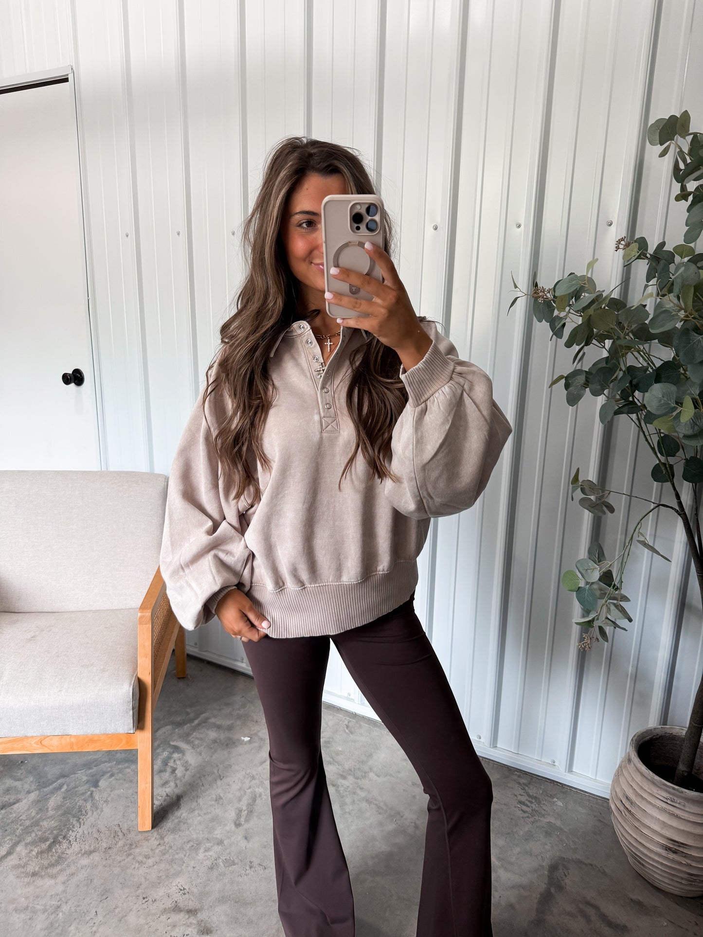 Megan Button Up Pullover - ash mocha