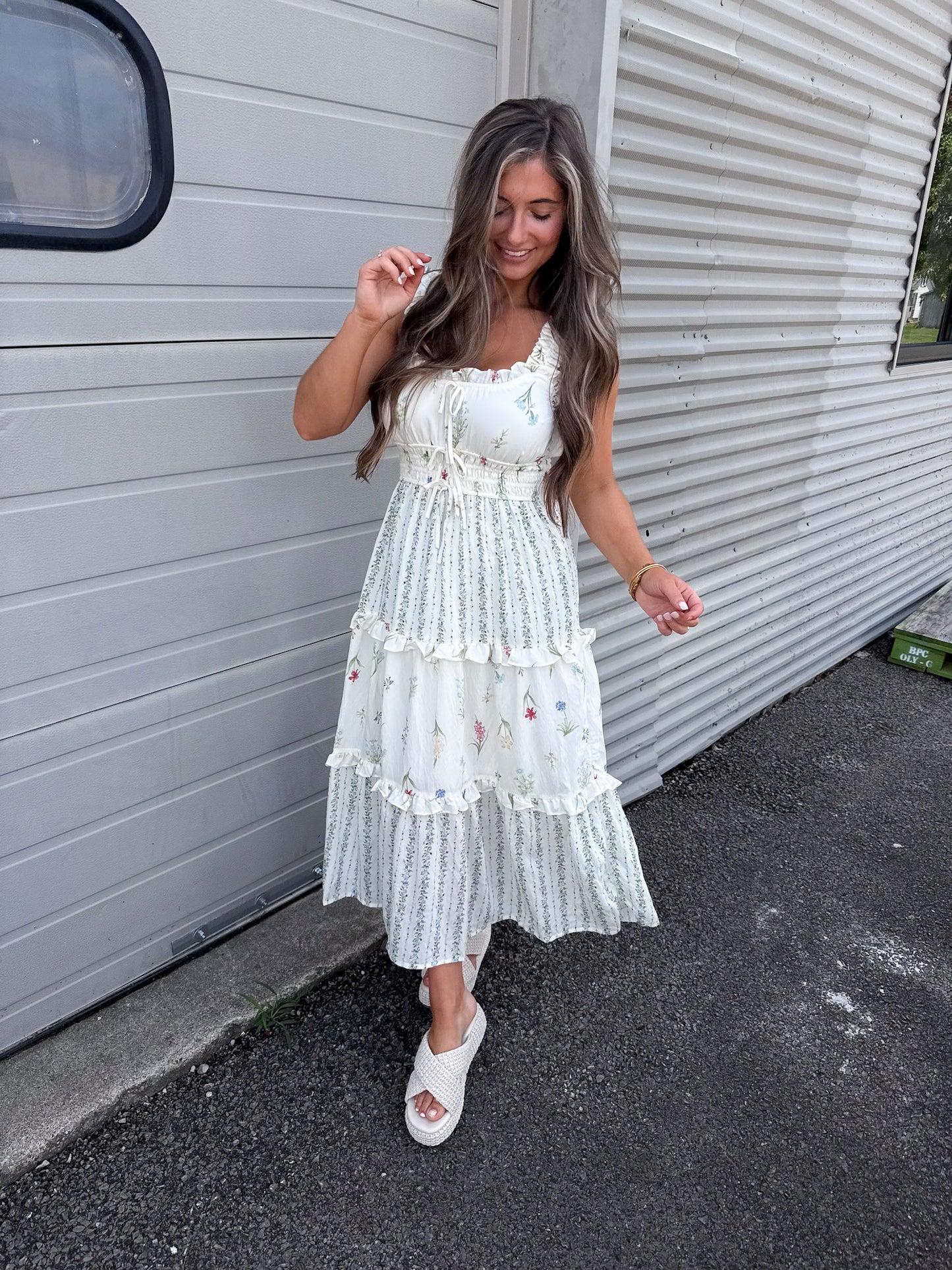 Azalea Floral Ruffled Midi Dress - ivory multi