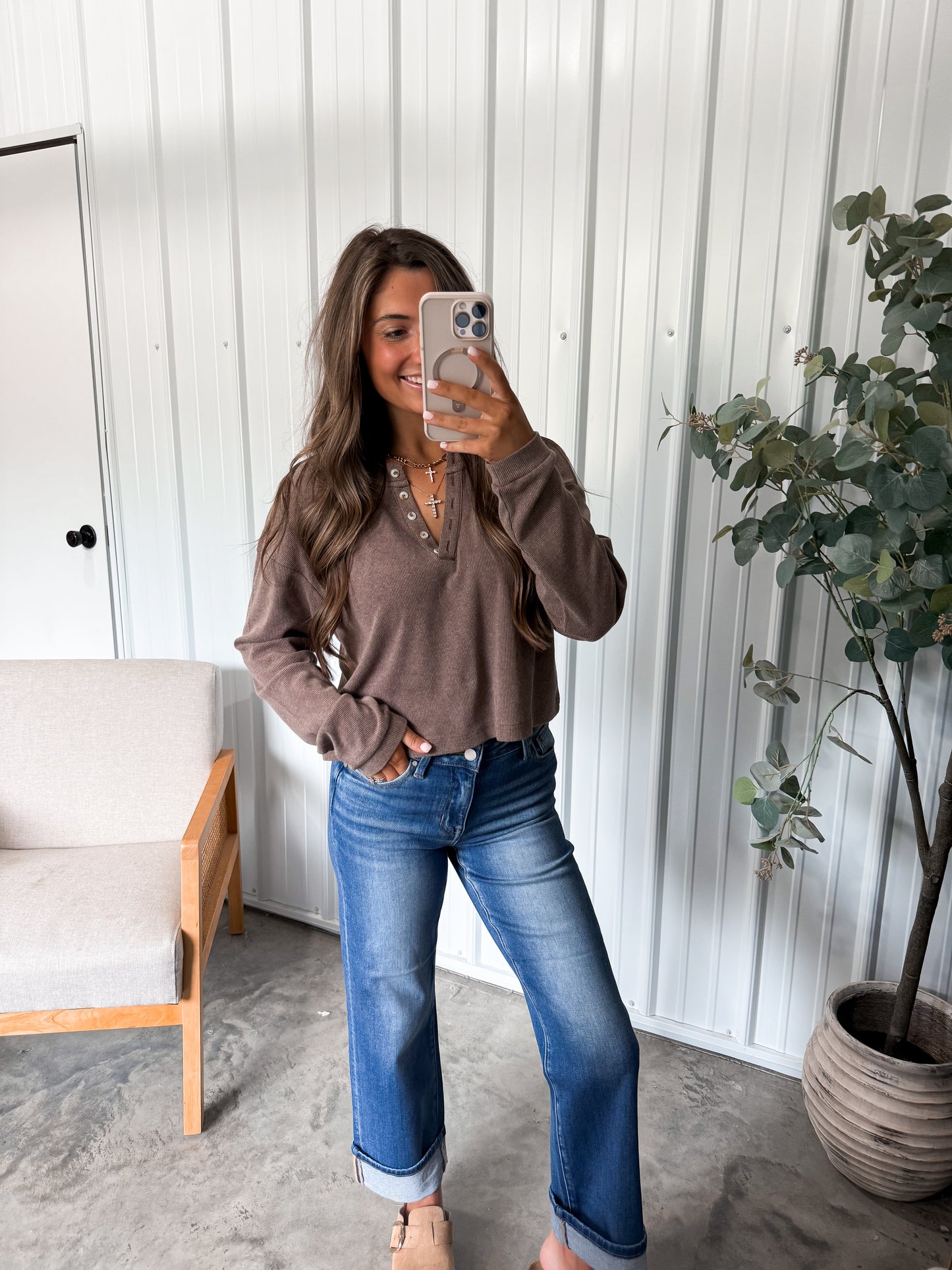 Miley Mineral Wash Henley- Brown