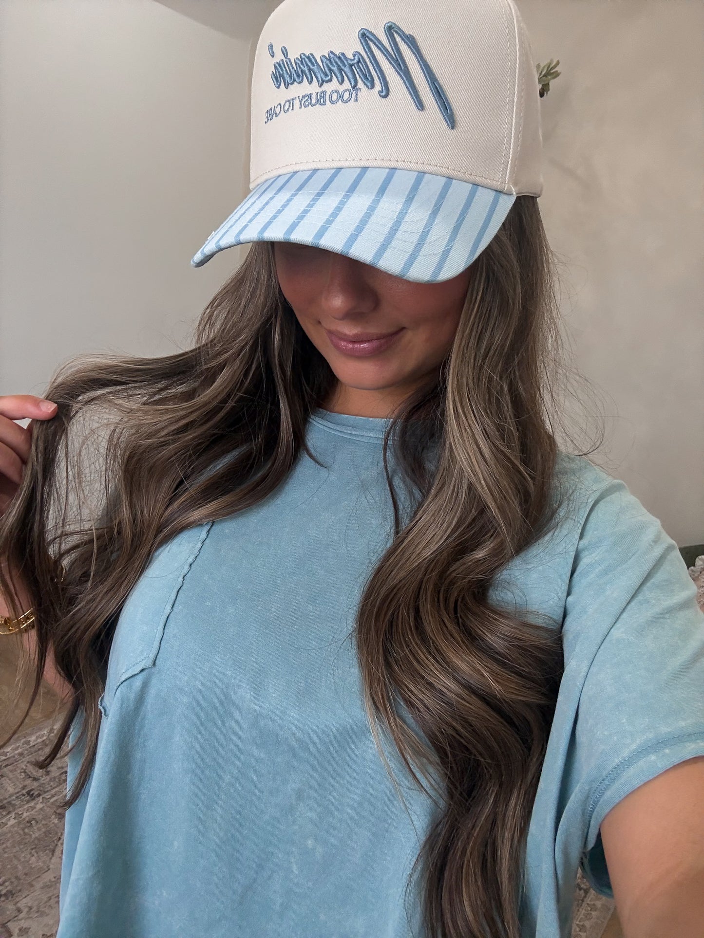 Mommin' Striped Trucker Hat - blue stripe